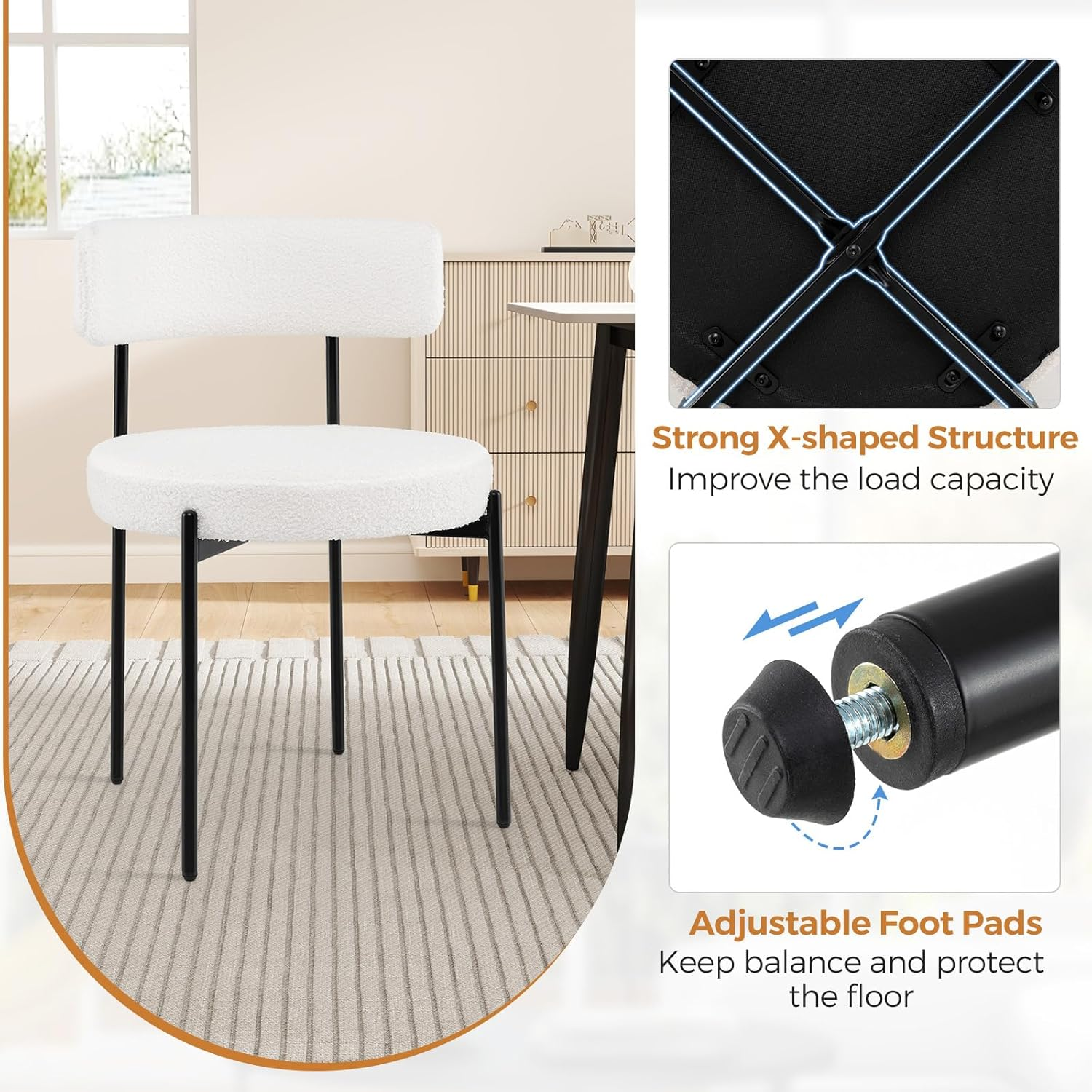 Giantex Boucle Dining Chair Set of 2, round Sherpa Upholstered Kitchen Armless Chairs with Curved Backrest & Metal Legs, White Modern Accent Side Chairs for Dining Room, Living Room (2) image number 5