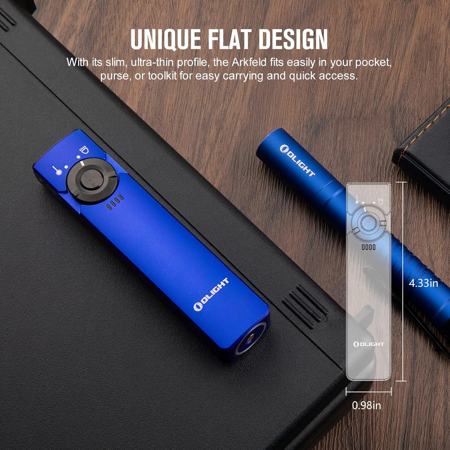 OLIGHT Arkfeld Max 1000 Lumens Rechargeable EDC Flashlight Dual Light Source with Green Beam for Pet, Presentation(Blue, Cool White Light: 5700~6700K)