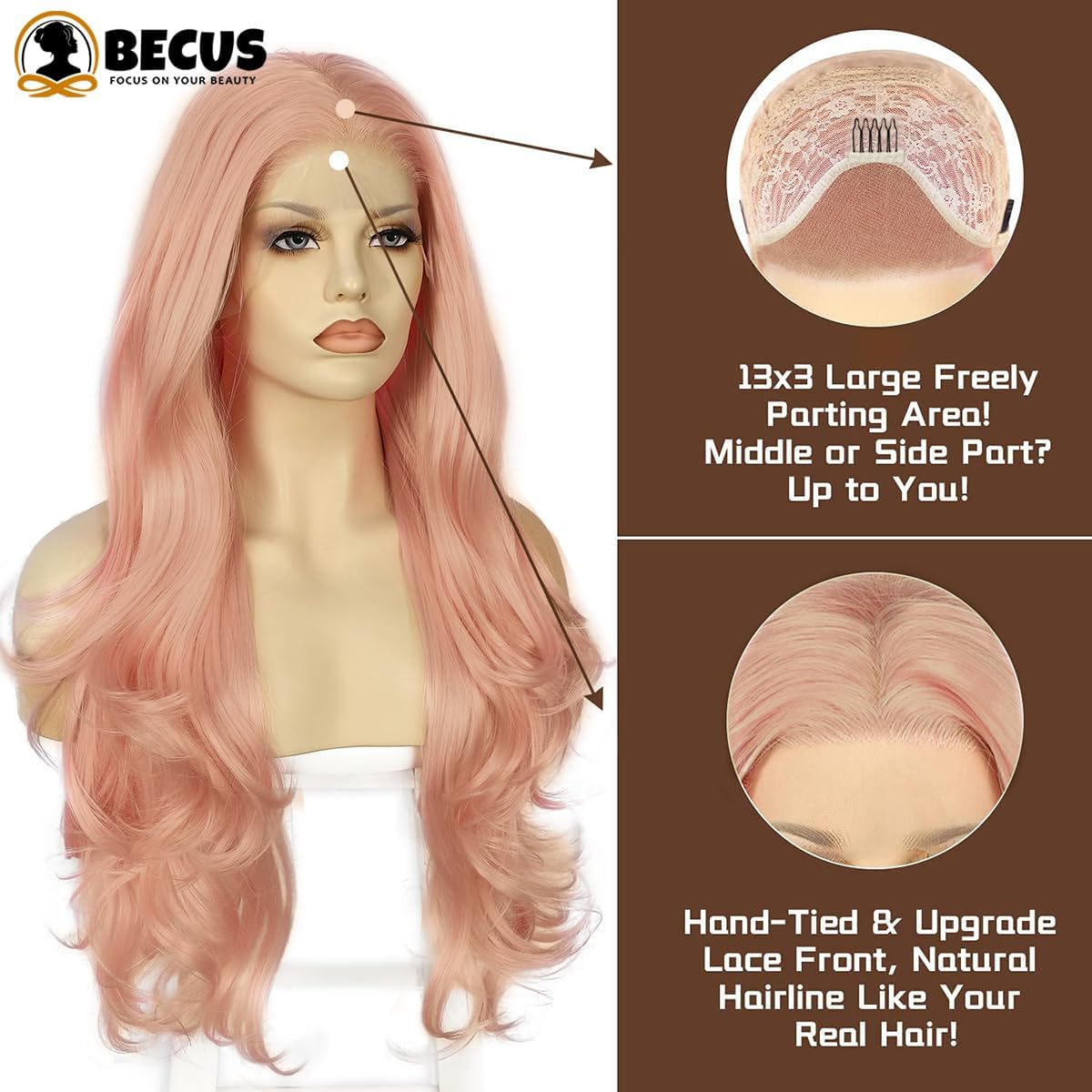 BECUS Pink Lace Front Wig Pre Plucked 13X3 Body Wave Wigs for Women Loose Curly Synthetic Lace Front Wig Wave Natural Hairline - Black image number 6