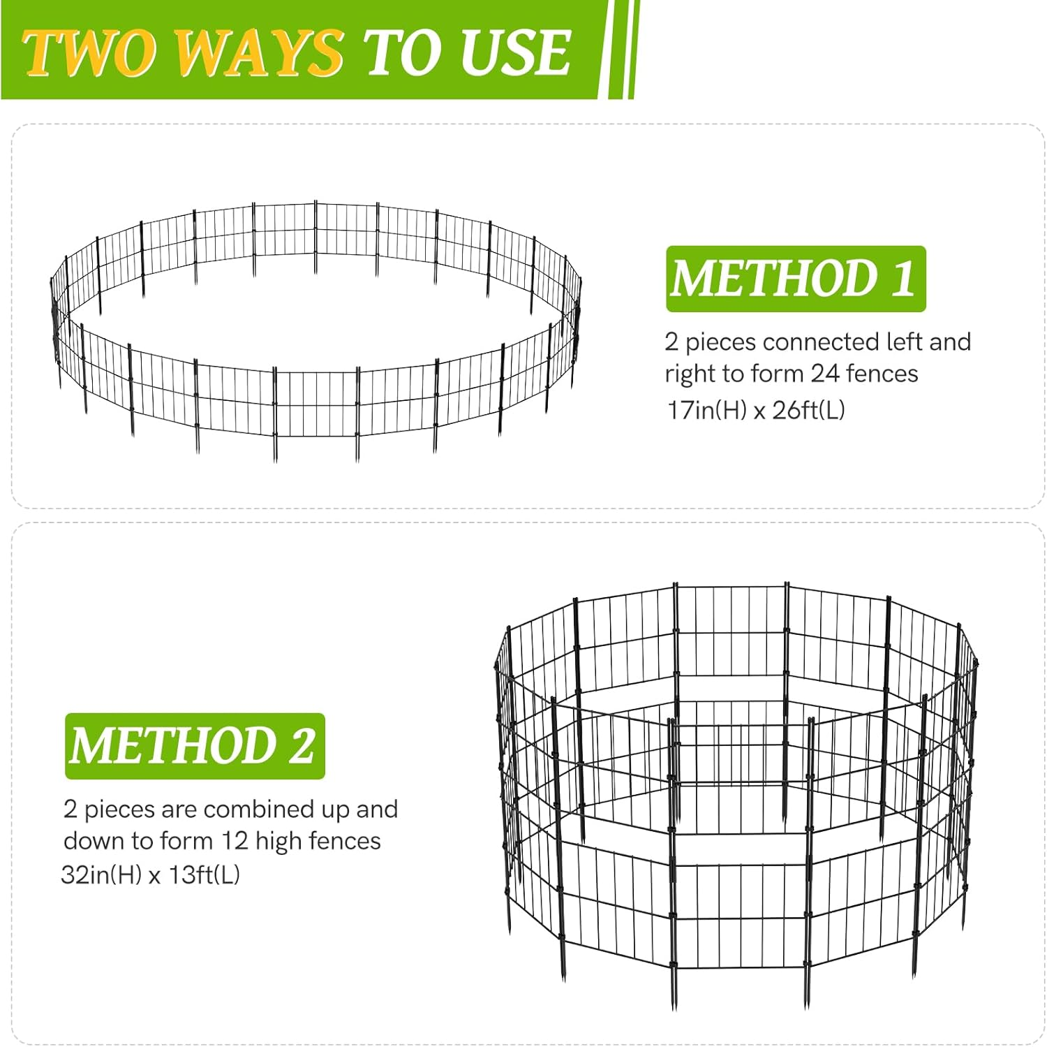 NEYCIL Garden Fence Animal Barrier, 24 Panels Edging Decor 17In(H) X 26Ft(L), Rectangle Garden Fencing Stackable 12 Panels 32In(H) X 13Ft(L) No Dig Dog Fence for Yard, Patio, Outdoor image number 1