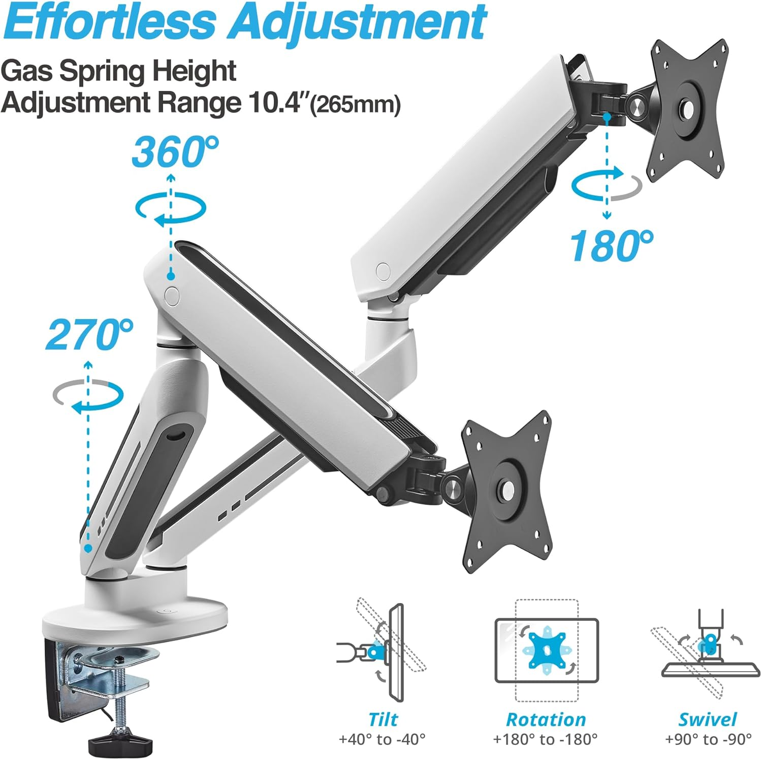 AVLT Dual RGB Gaming Monitor Arms Desk Mount, Fits 27&rdquo;-43&rdquo; Monitors, 20 Lighting Modes with Touch Control, Adjustable Height, Swivel Tilt Rotation Stand - White image number 4