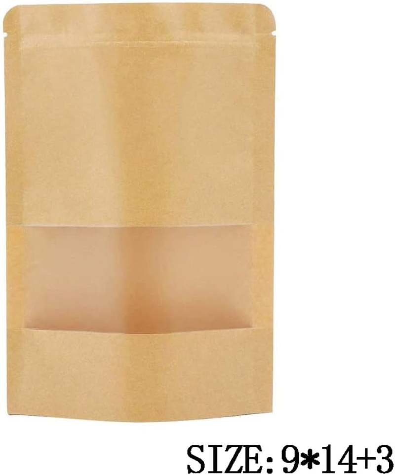20Pc 9Cmx14Cm+3Cm Kraft Paper Stand up Doy Pouch Zip Lock Bags with Window Food Storage image number 1