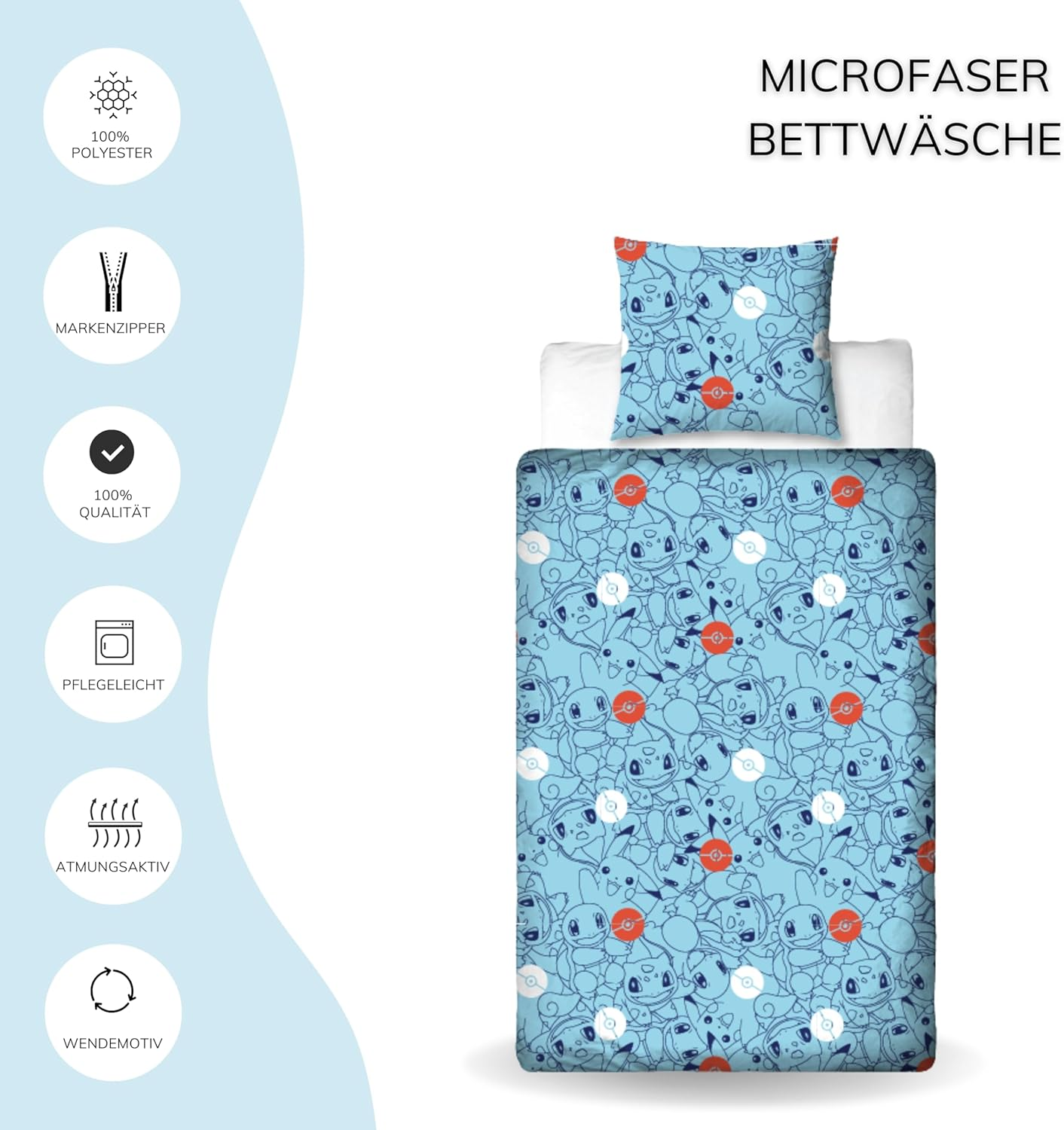 Pokemon Bed Linen 135 X 200 Cm - Children'S Gaming Gift Idea, 1 X Pillowcase 80 X 80 Cm + Duvet Cover 135 X 200 Cm, with Zip - Reversible Motif - Pikachu Fan Item Teenager Boys and Girls Gift image number 1