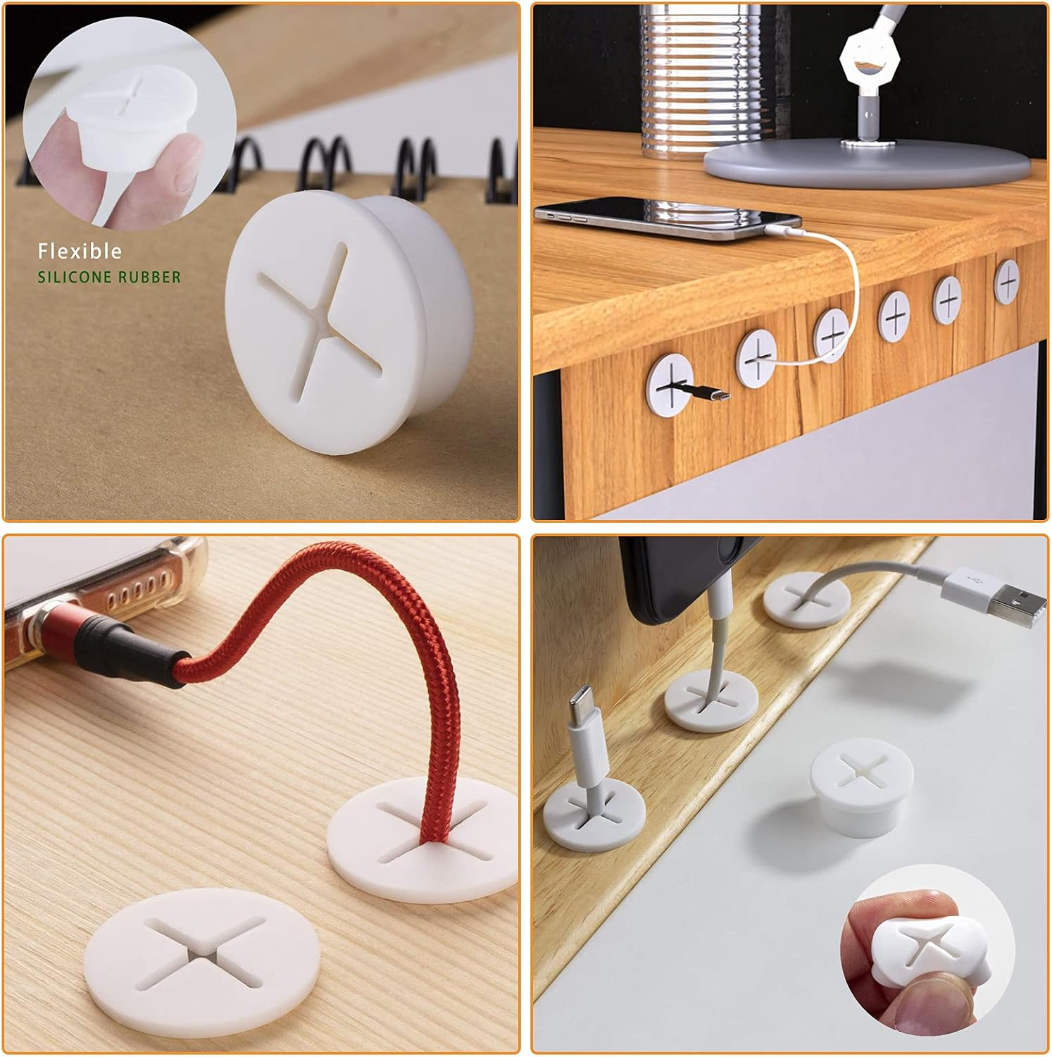 Morobor 6Pcs Flexible Silicone Cable Cord Grommet, 25Mm White Rubber Grommets for Desk, Table, Wire Hole Cover Cable Management Wire Organizer