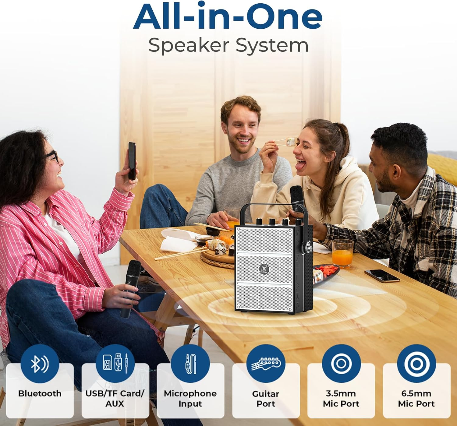 Winbridge 100W Powerful Voice Amplifier with 2 Wireless Microphones, Big Pro Sound Portable Speaker with Microphone, Bluetooth Speaker PA System Karaoke Machine Support BT/USB/TF Card/Aux/Guitar S99 image number 3