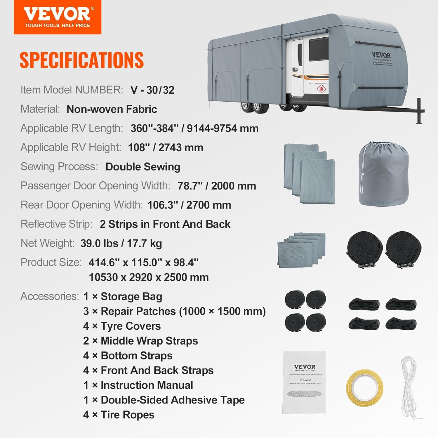 VEVOR Travel Trailer Cover, 9.1-9.8M RV Cover, 4-Layer Non-Woven Fabric Camper Cover, Waterproof, Windproof and Wear-Resistant Class a RV Cover, Rip-Stop Camper Cover with Storage Bag and Patches image number 1