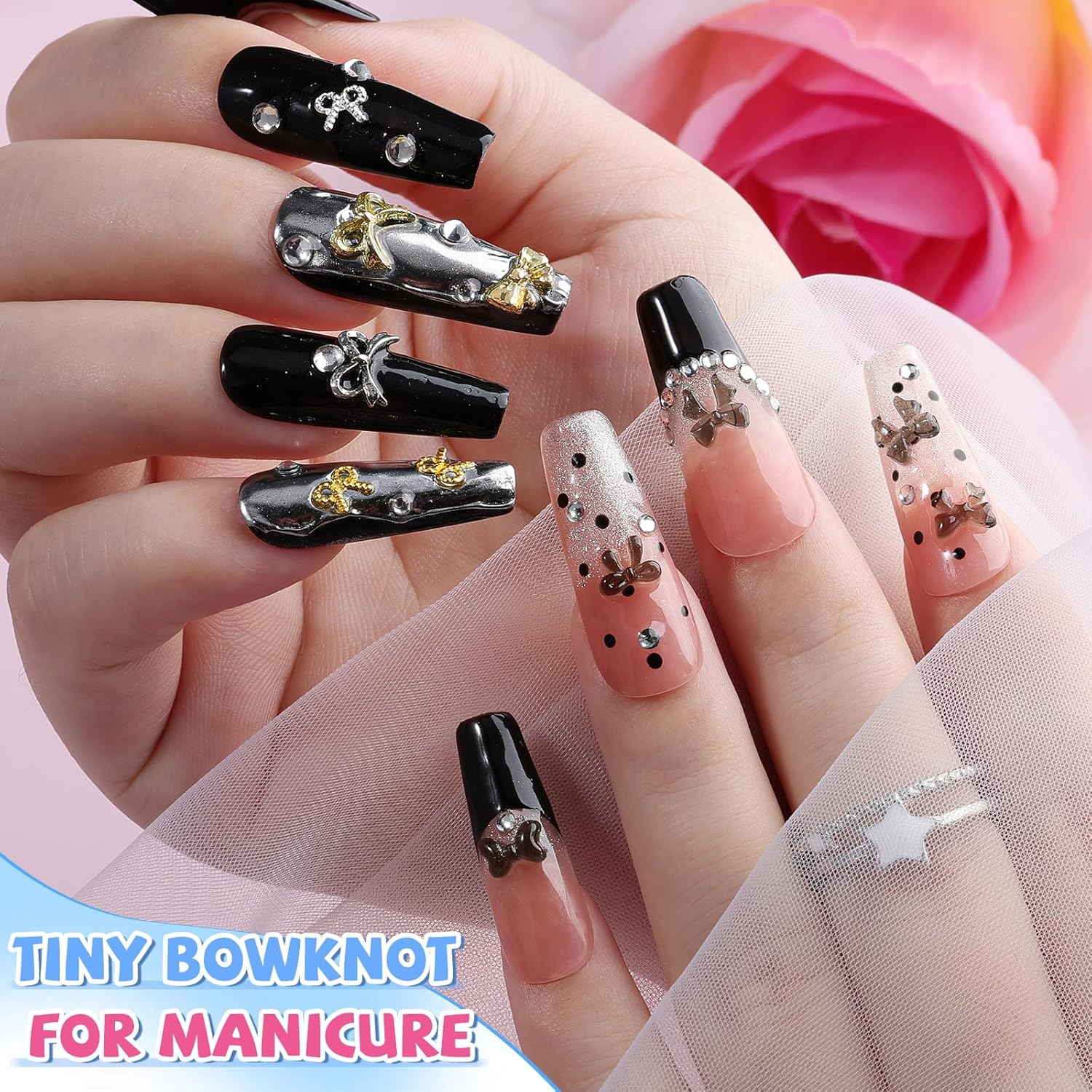 4 Boxes 3D Bow Nail Charms, Black/Silver/Gold Bows Charms Cute Resin Nail Bow Assorted Luxury Metal Bowknots with Pickup Tools for Women Nails Design Crafts DIY