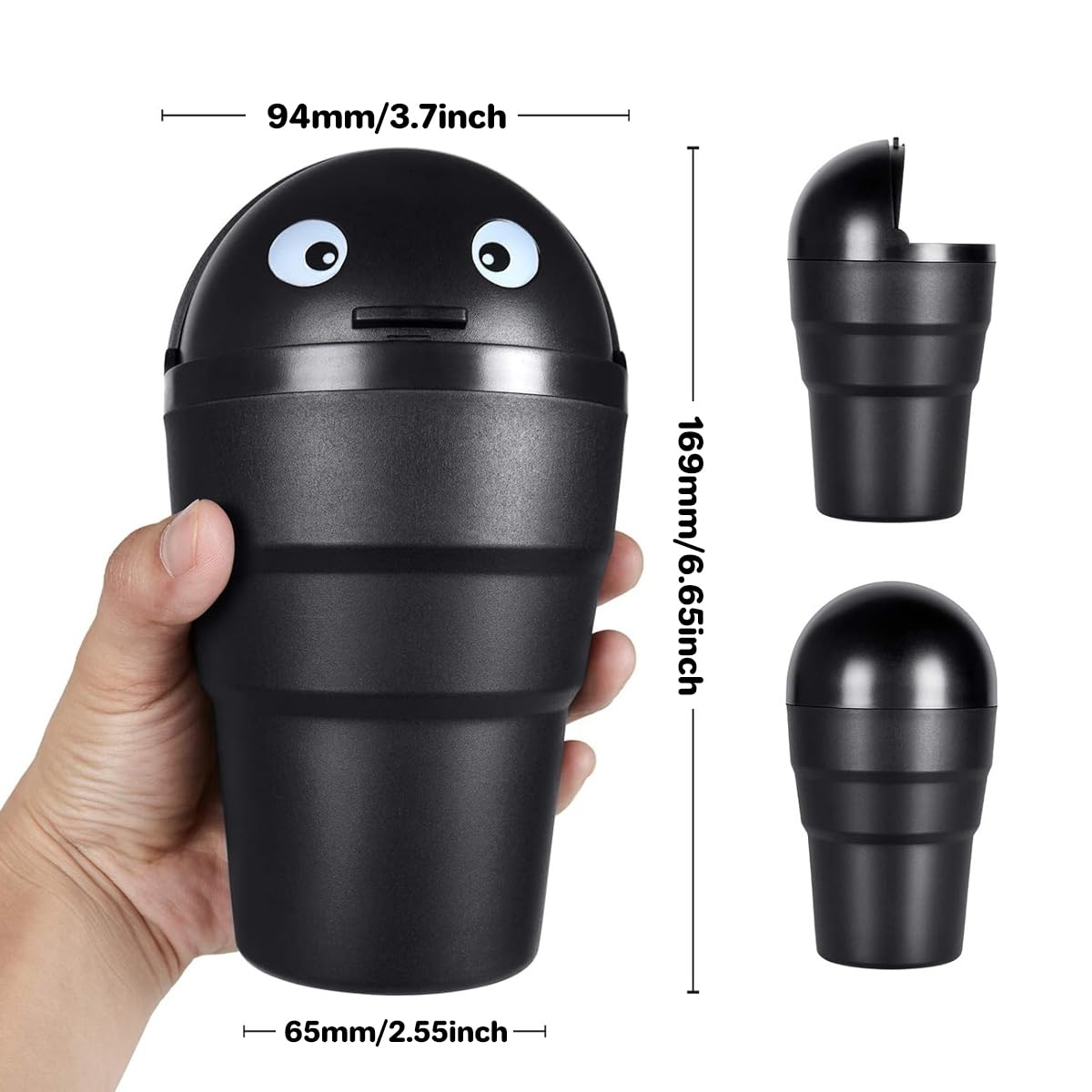 Aimall 3-Pack Portable Car Trash Bins, Compact Cup-Shaped Design, Cute Black Storage Bins for Car Use, Leakproof Garbage Containers with Lid, Easy to Empty, Dimensions: 3.7X6.65 Inches