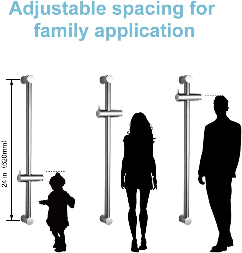 OFFO Shower Slide Bar, 62Cm(24 Inches) Segmented Wall Mounted Shower Rail Adjustable Installation Distance 28-61Cm with 360&deg; Adjustable Handheld Shower Head Holder Replacement for Shower, Chrome