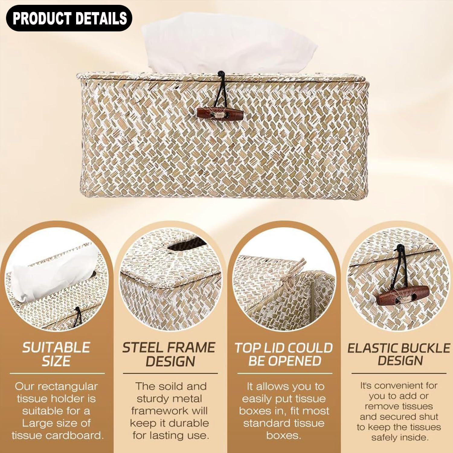 Vintage White Rectangular Seagrass Tissue Box Cover, Country Rustic Style image number 4