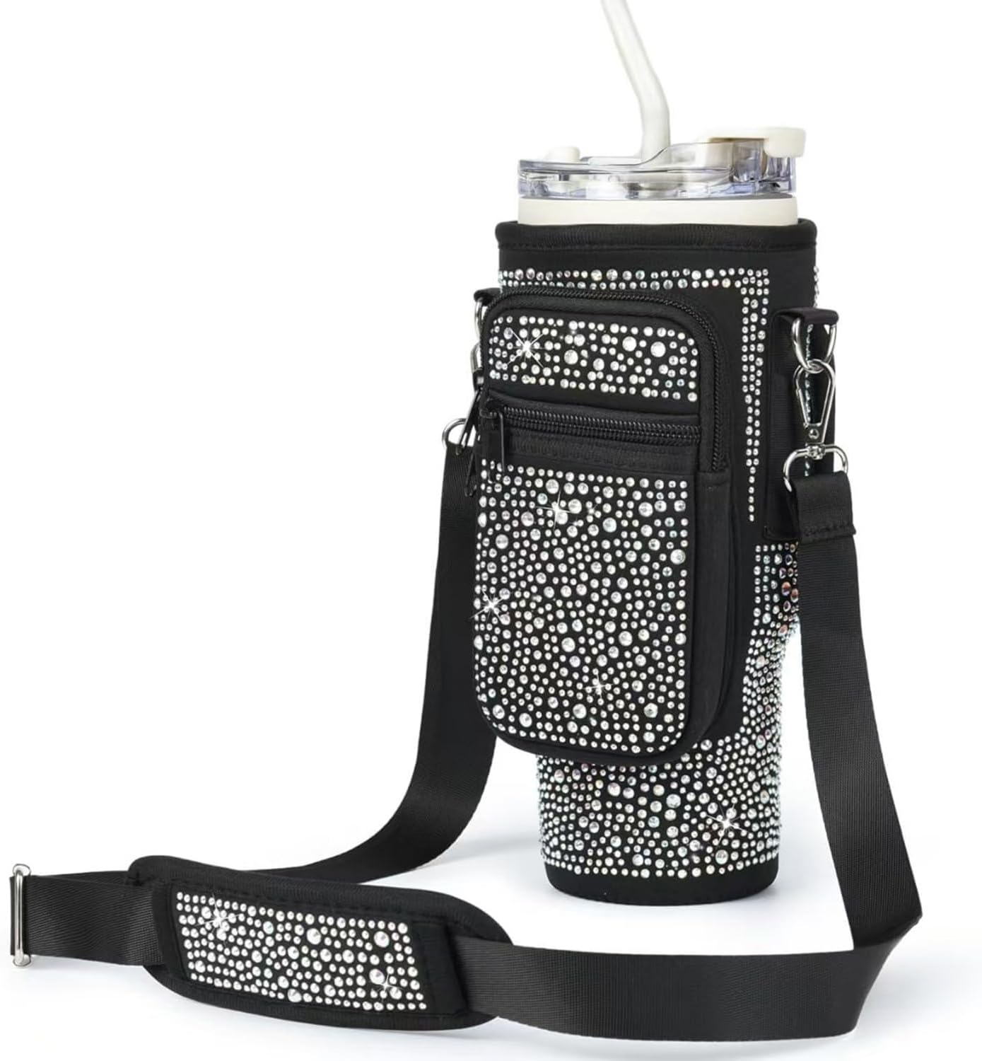 Bling Water Bottle Carrier Bag with Phone Pocket for Stanley Cup 40 Oz, Neoprene Water Bottle Holder Pouch with Adjustable Strap for Stanley Cup Accessories (Black)