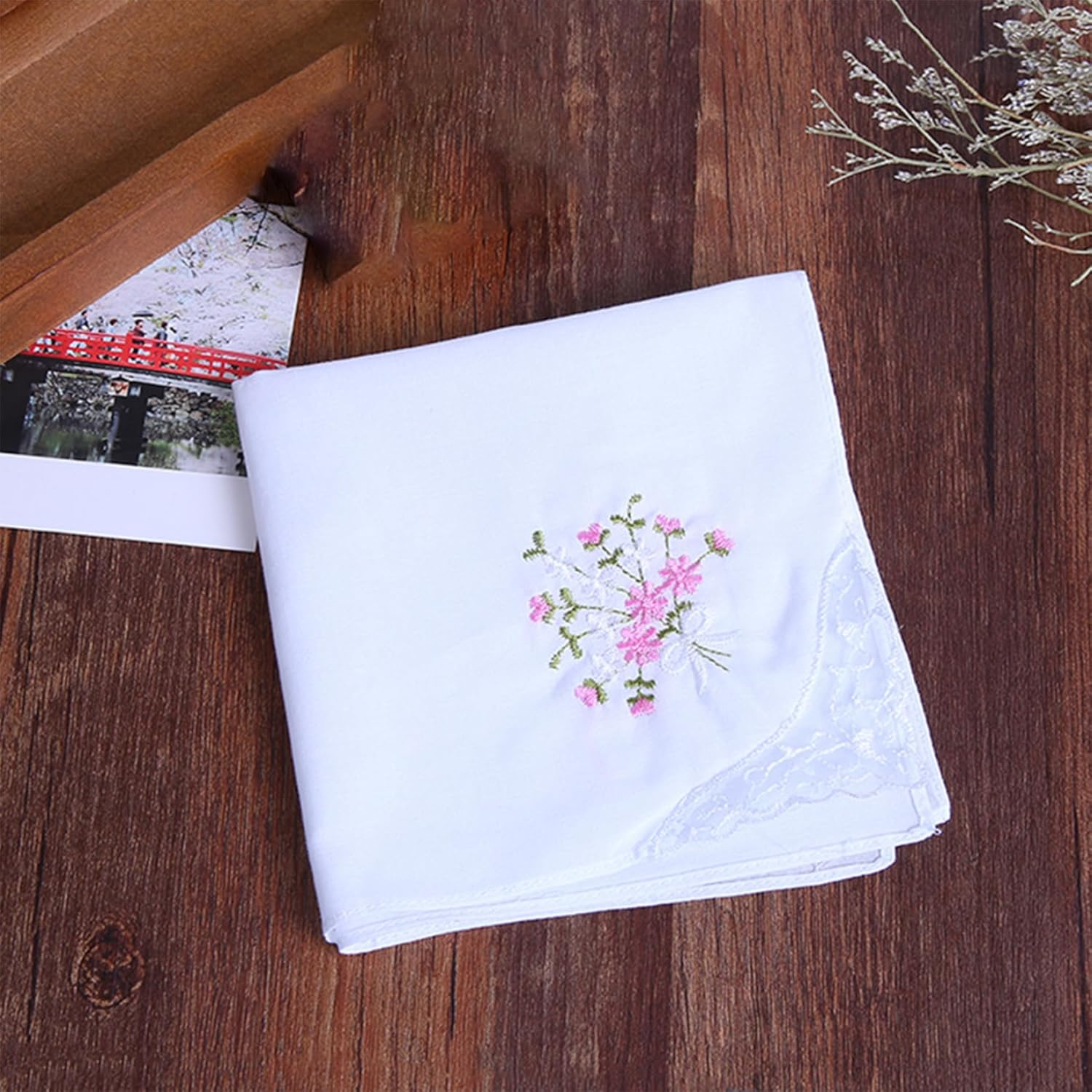 Handkerchiefs for Women 12PCS Pocket Square 11X11Inch Cotton Flower Embroidered Handkerchief with Lace White Hankies for Women Tea Favors, Random Type image number 6