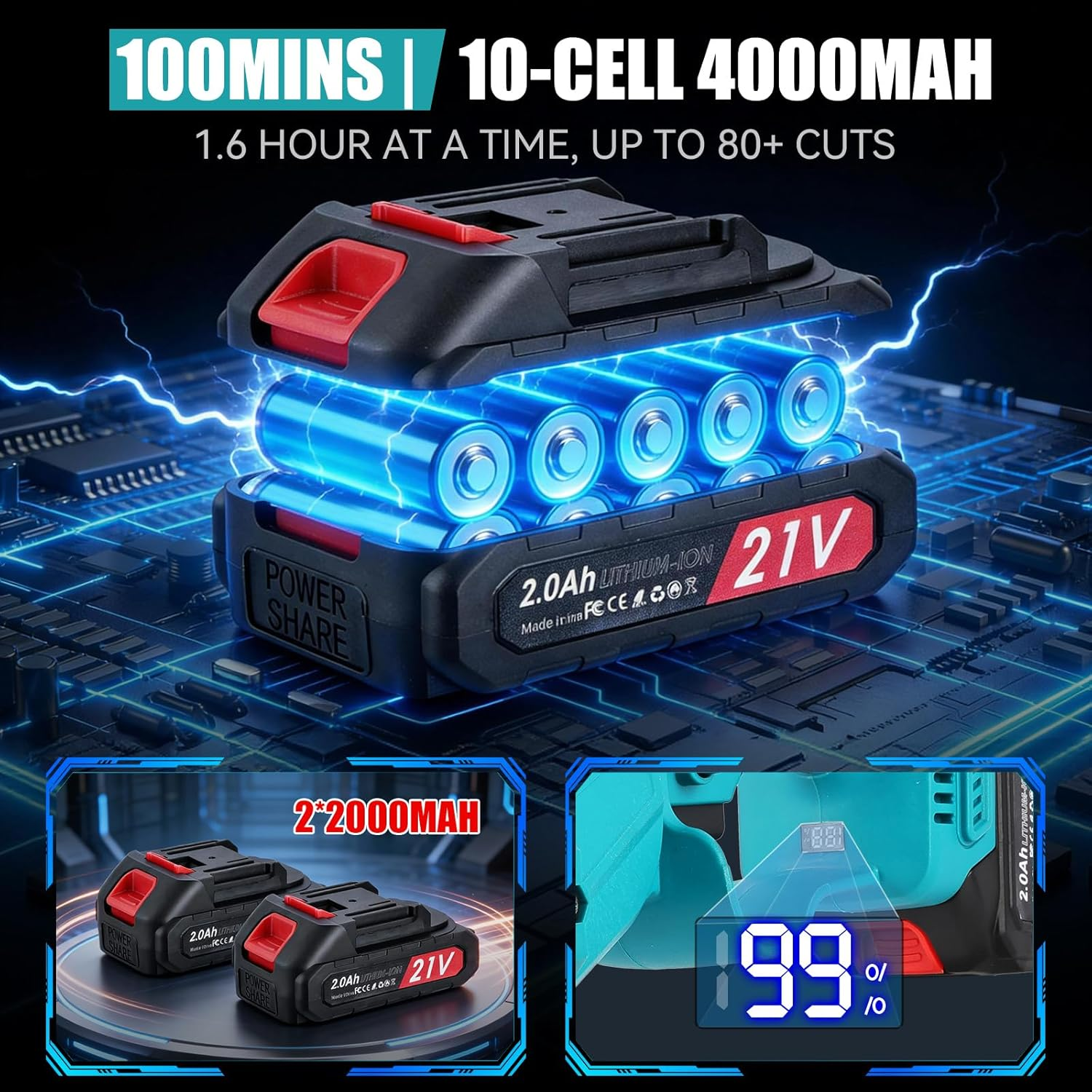 Mini Chainsaw Cordless-6Inch Electric Chainsaw Cordless with 2 * 2.0AH Batteries, Electric Chainsaw-Hand Held Power Chain Saws for Tree Trimming & Wood Cutting-Mini Chainsaws (Blue-01) image number 5