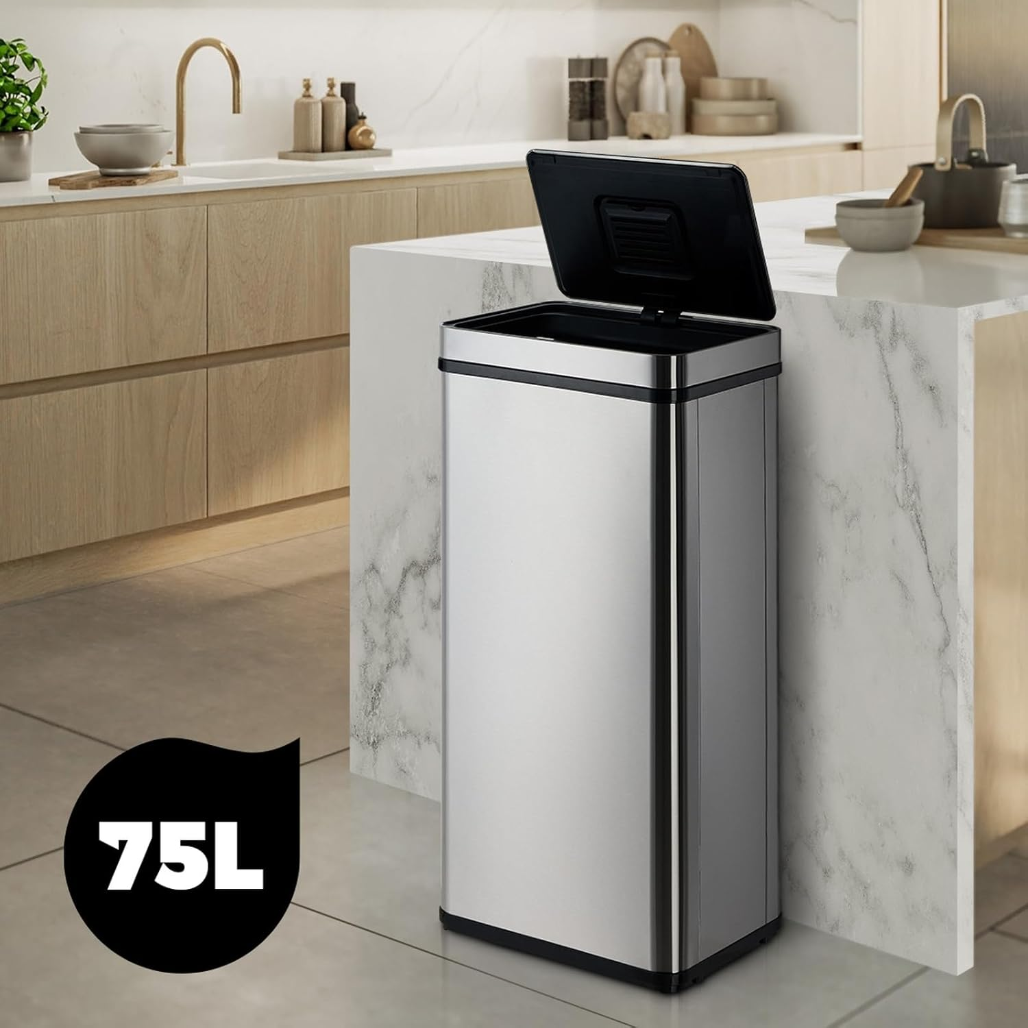Oikiture 75L Motion Sensor Bin Automatic Touchless Rubbish Bin with Dual Operation Modes Stainless Steel Trash Can with Soft Close Lid Deodoriser Hands Free Waste Bin for Kitchen Home Office Silver