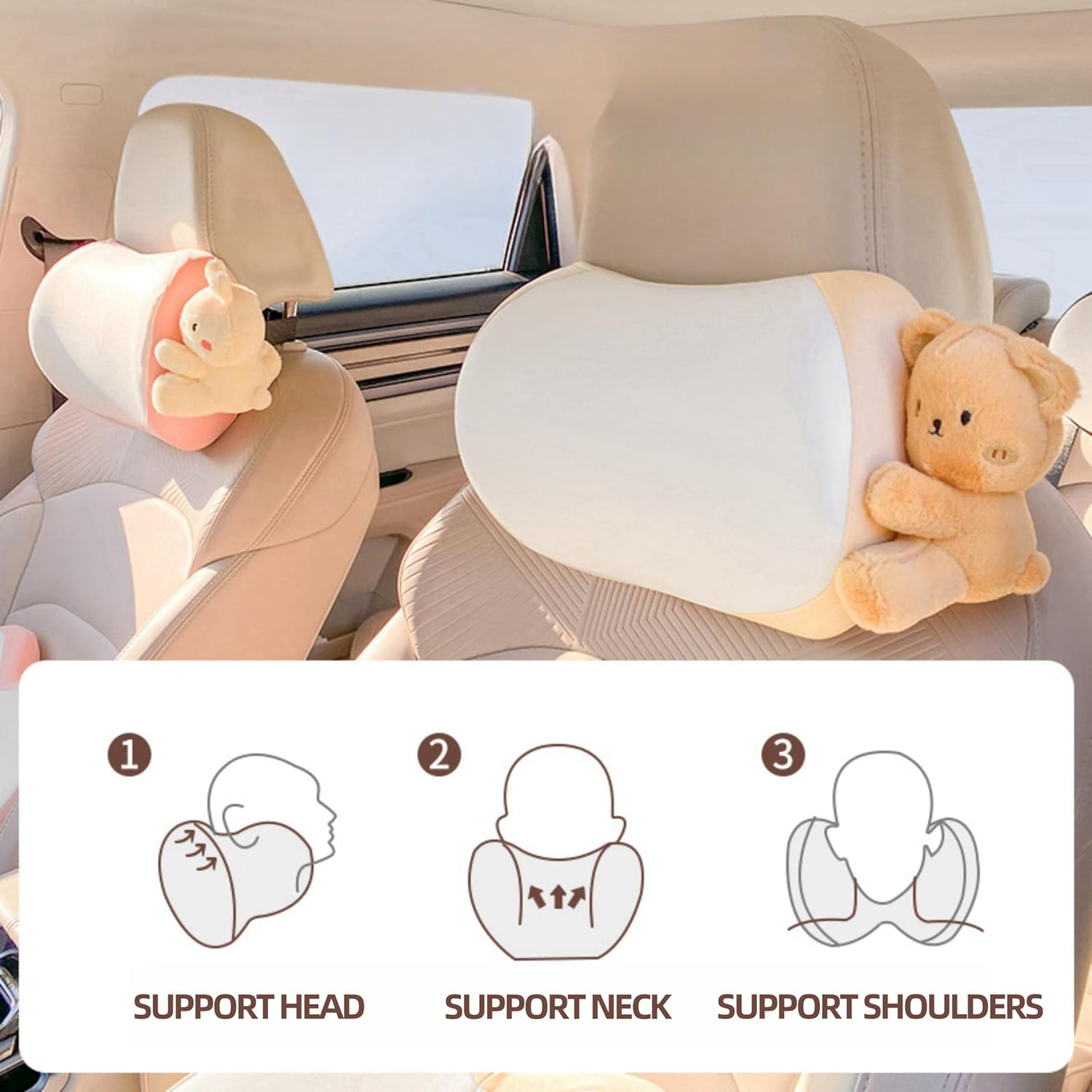 Car Headrest Pillow 2PCS Plush Bear ＆ Bunny Car Seat Headrest Pillow - Memory Foam Neck Support Cushions for Comfortable Driving, Easy Install & Washable (Pink) - Black Panda image number 5