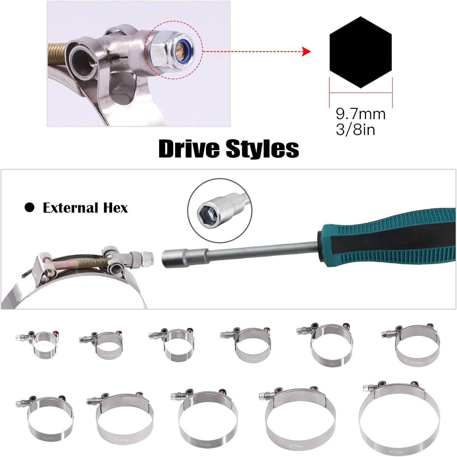 Glarks 12Pcs 76-84Mm Stainless Steel T-Bolt Hose Clamps Turbo Intake Soft Hose Intercooler Clamps image number 6