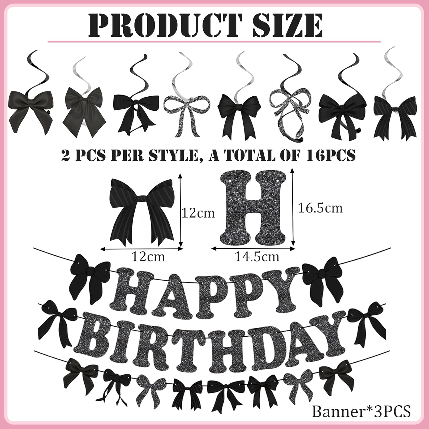 19Pcs Black Bowknot Happy Birthday Decorations,Black Bow Bunting Garland Party Birthday Banner Coquette Hanging Swirls Decorations for Girls Baby Shower Wedding Bowknot Party Supplies - Black Bow image number 4