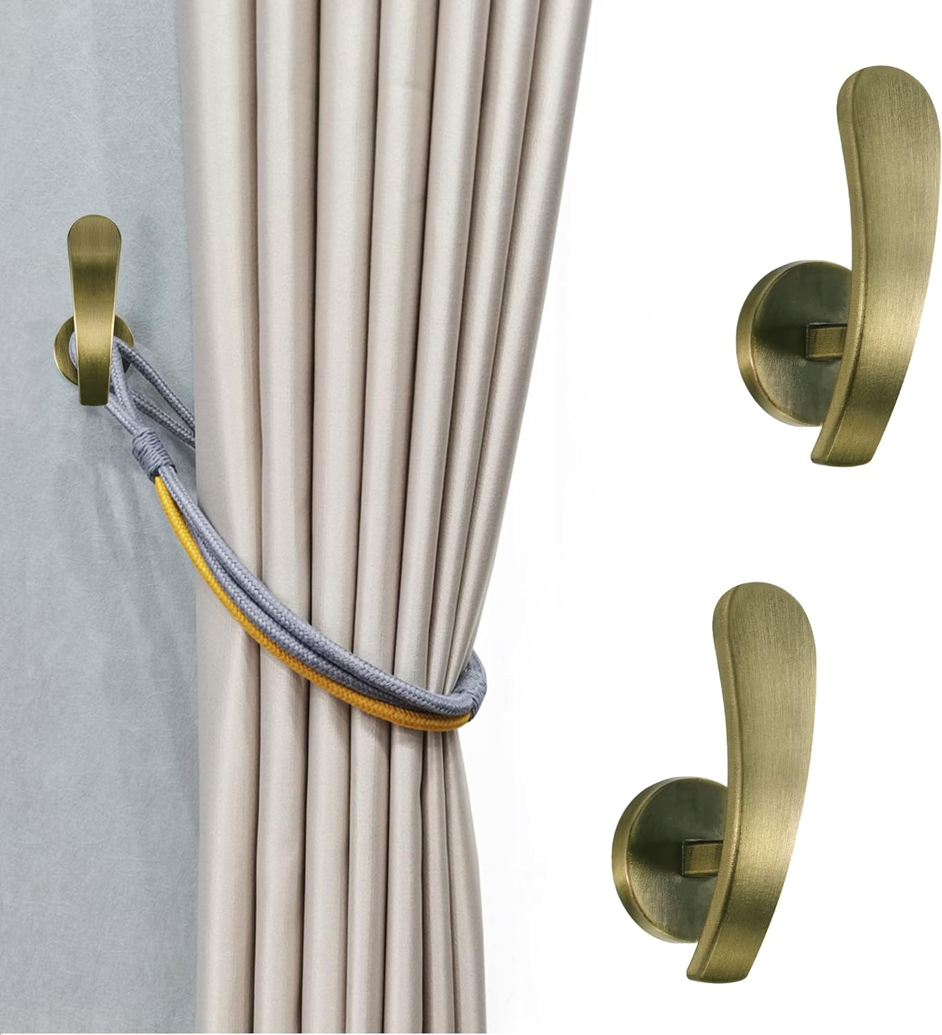 Curtain Holdback, 2Pcs Wall Mounted Drapery Tiebacks with Screws, Decorative Drapery Metal Hook Wall Hanger, Silver