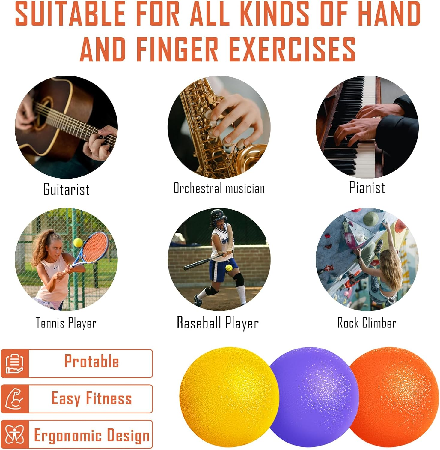 3 Pack Stress Balls for Adults, Squeeze Balls for Hand Therapy, Hand Strengthening Devices with Different Resistance Levels for Finger Forearm Wrist Exercise Relaxation and Pain Relief-3 image number 6