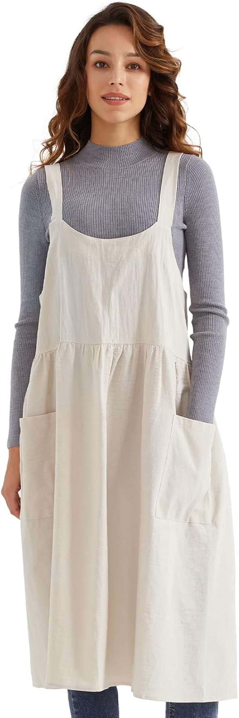 Surblue Cotton Linen Apron Cross Back Apron for Women with Pockets Pinafore Dress for Baking Cooking Gardening