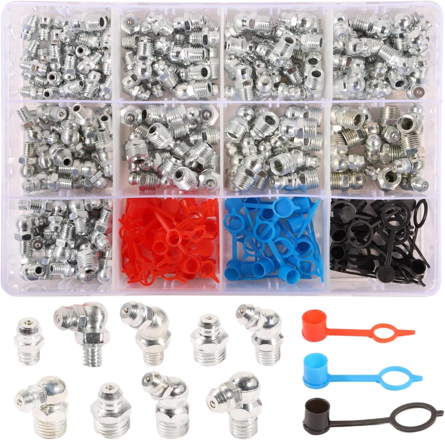 Grease Fitting Kit, M6 M8 M10 Metric Hydraulic Grease Zerks with Straight Head 45&deg; 90&deg; Angled Heads and Plastic Caps, for Automotive Industrial Lubrication image number 2