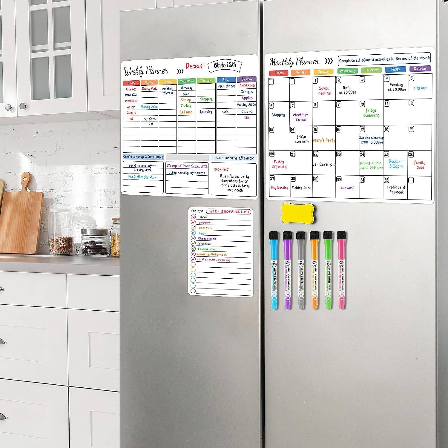 3Pcs Magnetic Dry Erase Calendar for Refrigerator - Daily, Weekly and Monthly Whiteboard Calendar for Fridge, No Stains or Ghosts - White Board Planner, 6 Magnetic Dry Erase Markers and Large Eraser - White image number 2