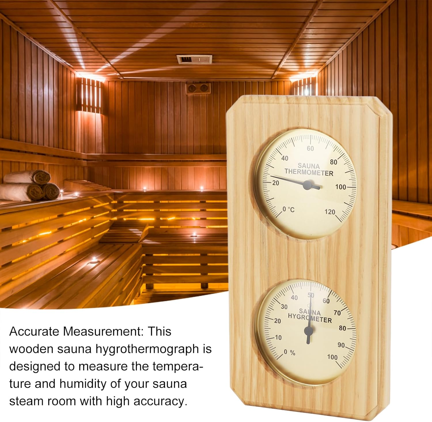 Authentic Timber Sauna Hygrothermograph - Temperature & Humidity Gauge 0-120&deg;C | 0-100 Percentage RH - Wall-Mounted Thermometer for Steam Room image number 2