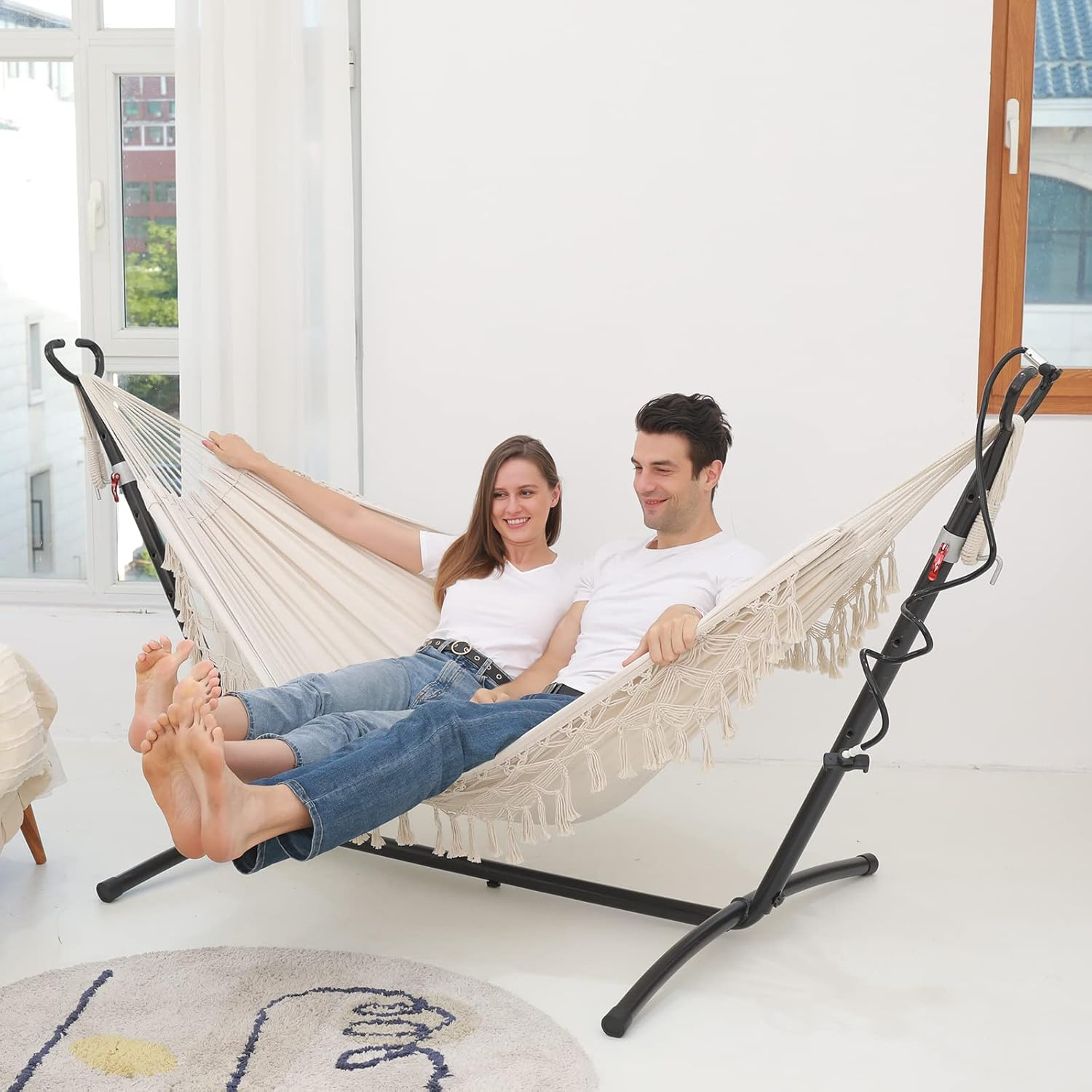 Hammock Boho Hammock Deluxe Double Hammocks Hamacas Para Patio 2 Person Portable Hammock with Carry Bag Perfect for Camping Patio, Porch, Bedroom, Yard, Beach, Indoor, Outdoor (Beige) - Black image number 3