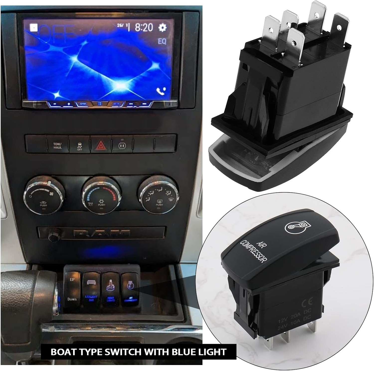 SING F LTD 1PC Blue Led Air Compressor Rocker Switch DC 12V/20A 24V/10A 54.3X48.1X26.5Mm 5-Pin Double Pole Single Throw Switch for Trucks Cars Boats image number 3