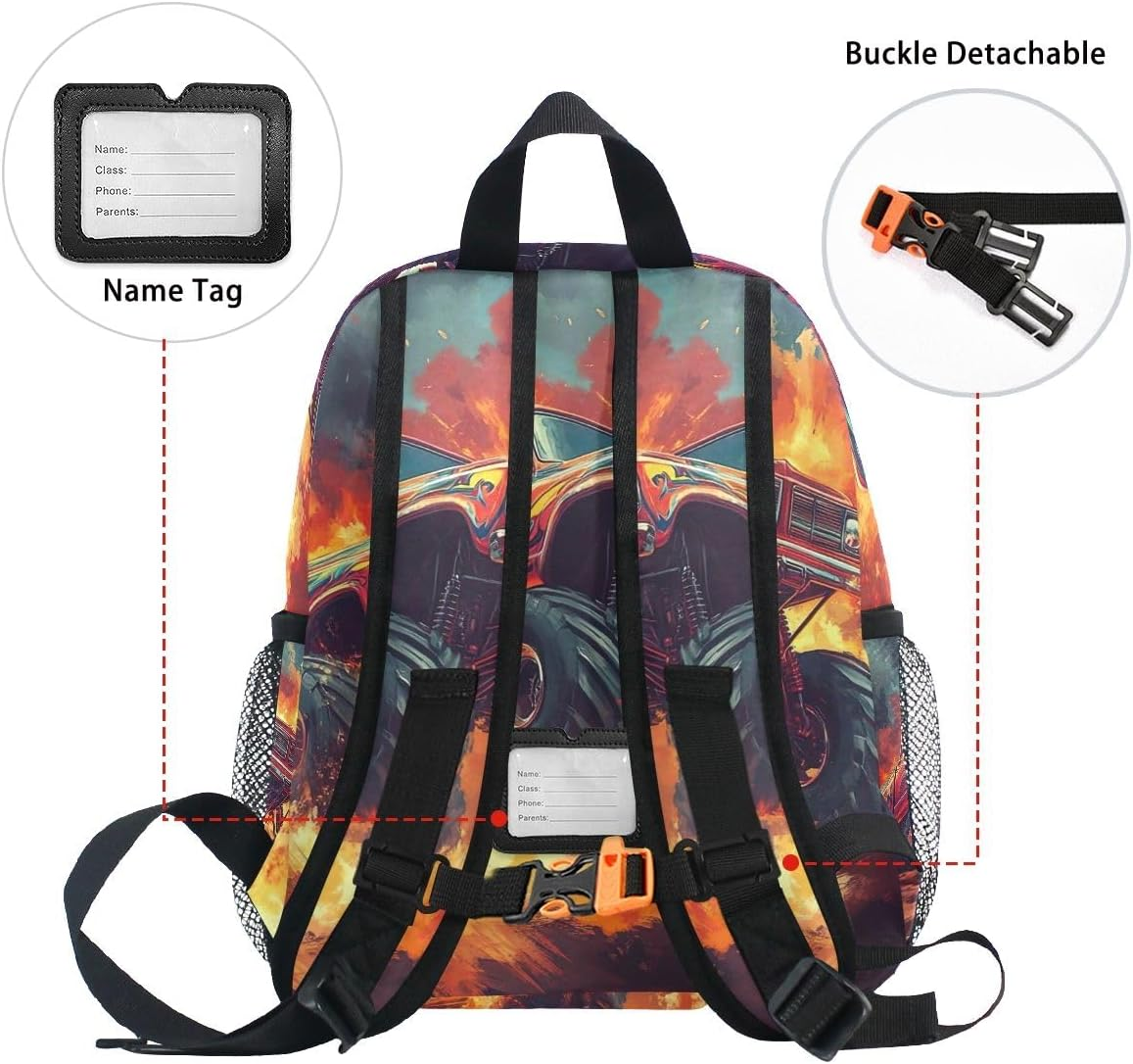 Monster Truck Backpack for Toddler Girls Boys, Small with Name Tag Kids School Bag, 3-8 Years image number 2