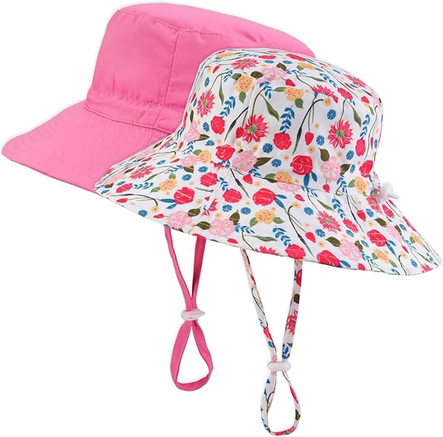 AIJOY Baby Sun Hat Adjustable - 2Pcs Toddler Kids Wide Brim Bucket UPF 50+ Summer Play Hat with Chin Strap (Ages 2-6)