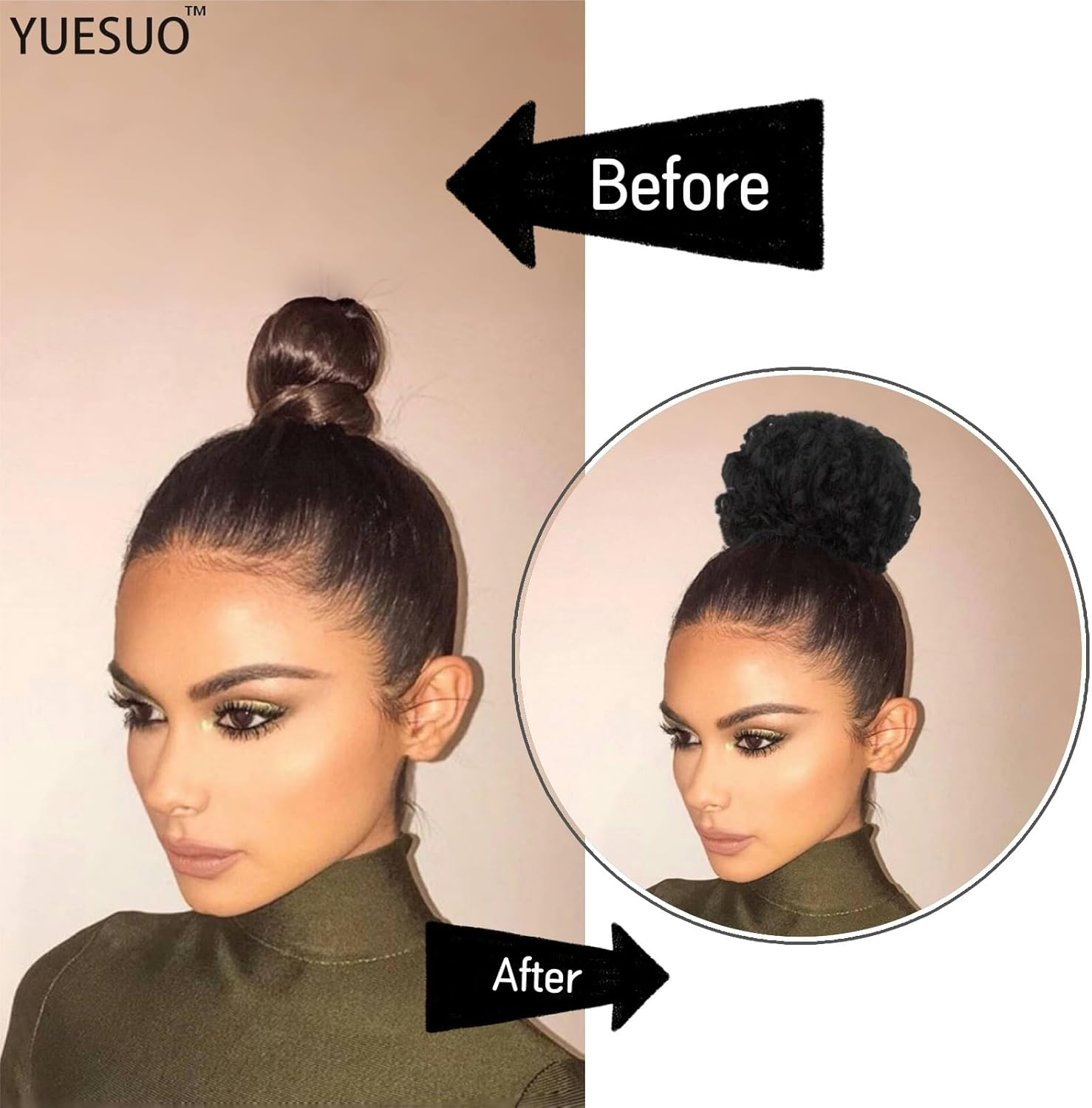 YUESUO Natural Ponytail for Women Synthetic Short Afro Bun Extension Hairpieces Drawstring Ponytail with Two Clips (Natural Black #1B) image number 2