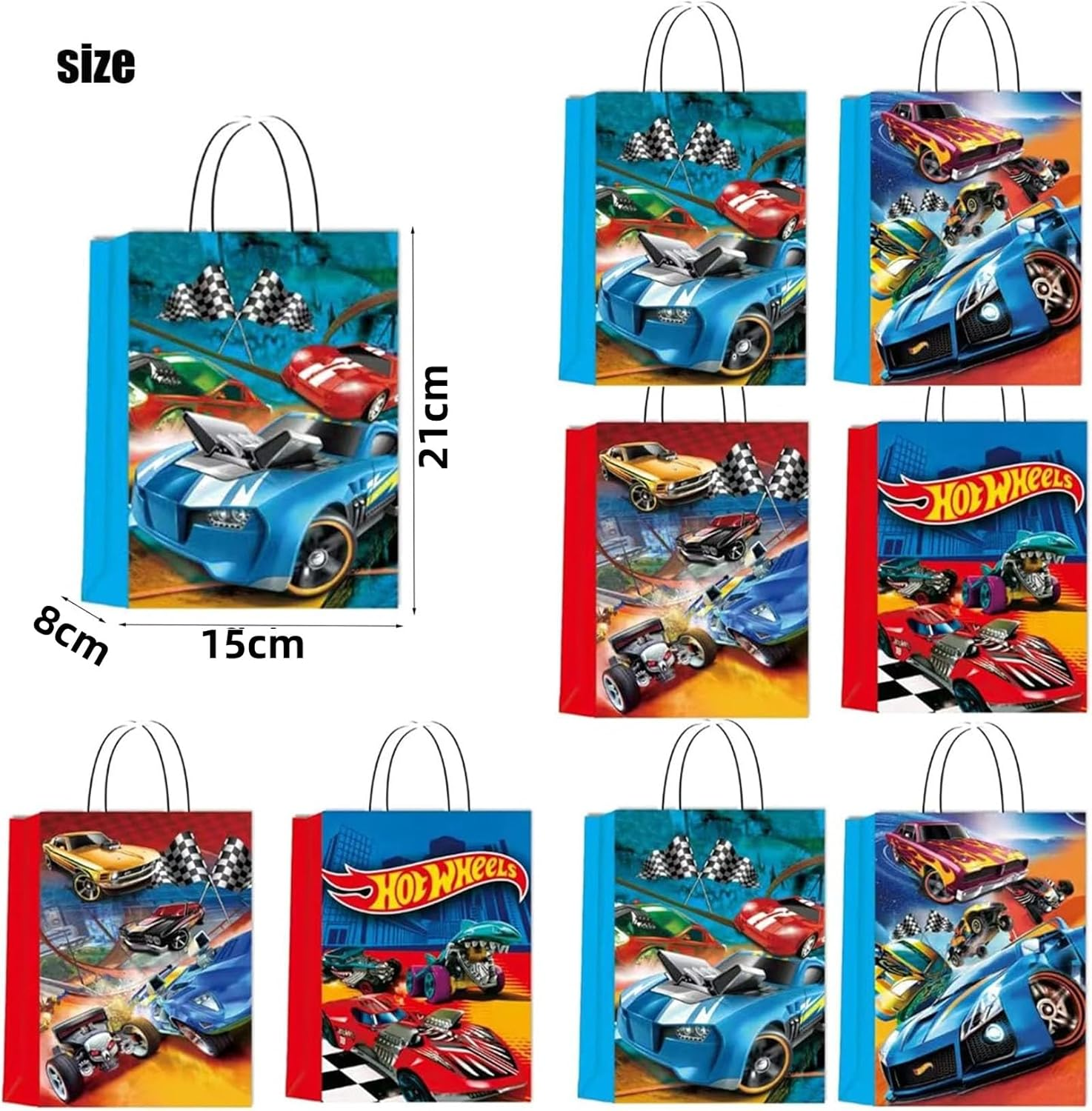 16 PCS Racing Car Party Favor Bags with Handles, Hot Car Party Treat Bags Cake Candy Snack Goodie Gift Paper Bags for Kids Boy Girl Birthday Party Baby Shower Decoration Supplies - Cat image number 5
