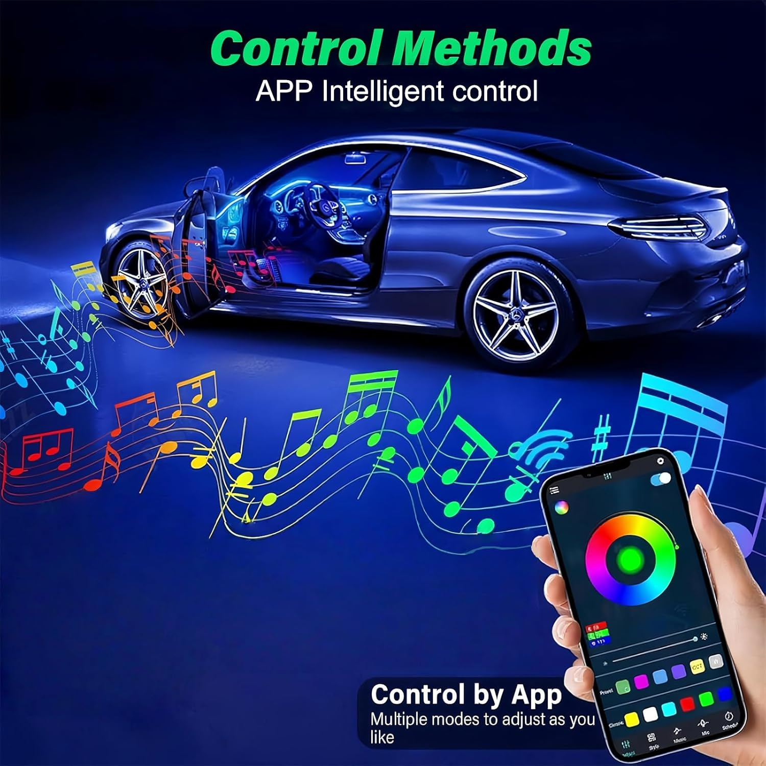 Acrylic Interior Car LED Lights 6-In-1 Kit, APP Control with USB Port, RGB Music Sync Ambient Lighting, Neon Strip for Dashboard & 4 Doors, Universal for Cars Trucks SUV image number 3