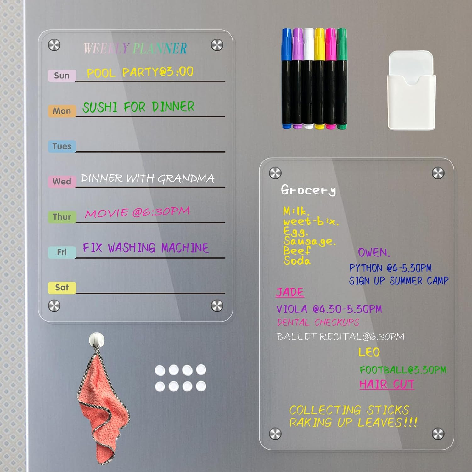 Acrylic Magnetic Planner for Fridge, Includes 6 Colorful Liquid Markers, Marker Holder, Cleaning Towel, Silicone Covers (33 * 22 Weekly Planner) image number 3