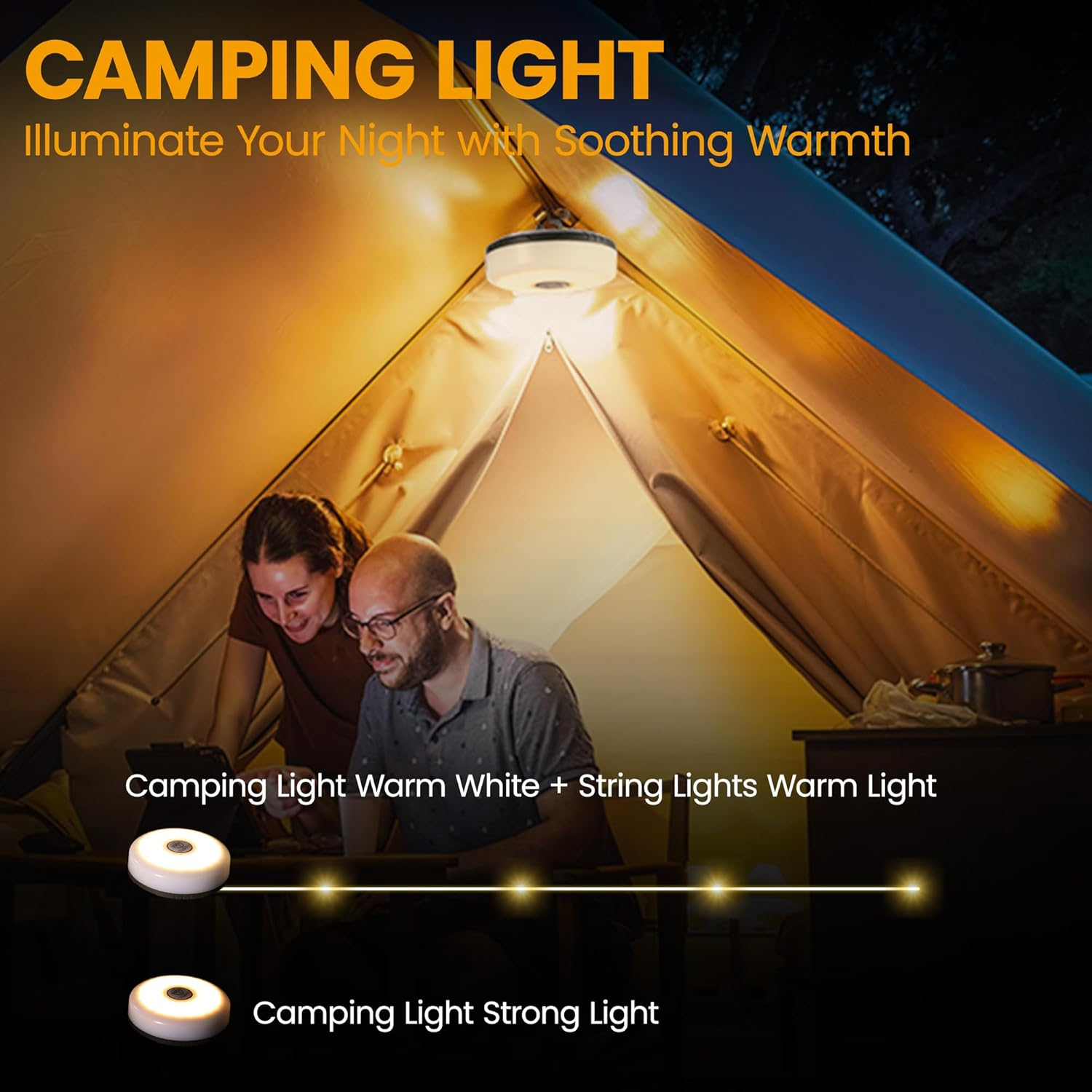 Everbrite Camping String Lights Rechargeable LED Camping Lamp, 9 M Outdoor Tent Lights 8 Lighting Modes, USB Charging RGB Modes Hanging Light for Awning Tent/Garden/Party/Christmas Festival Decor image number 3