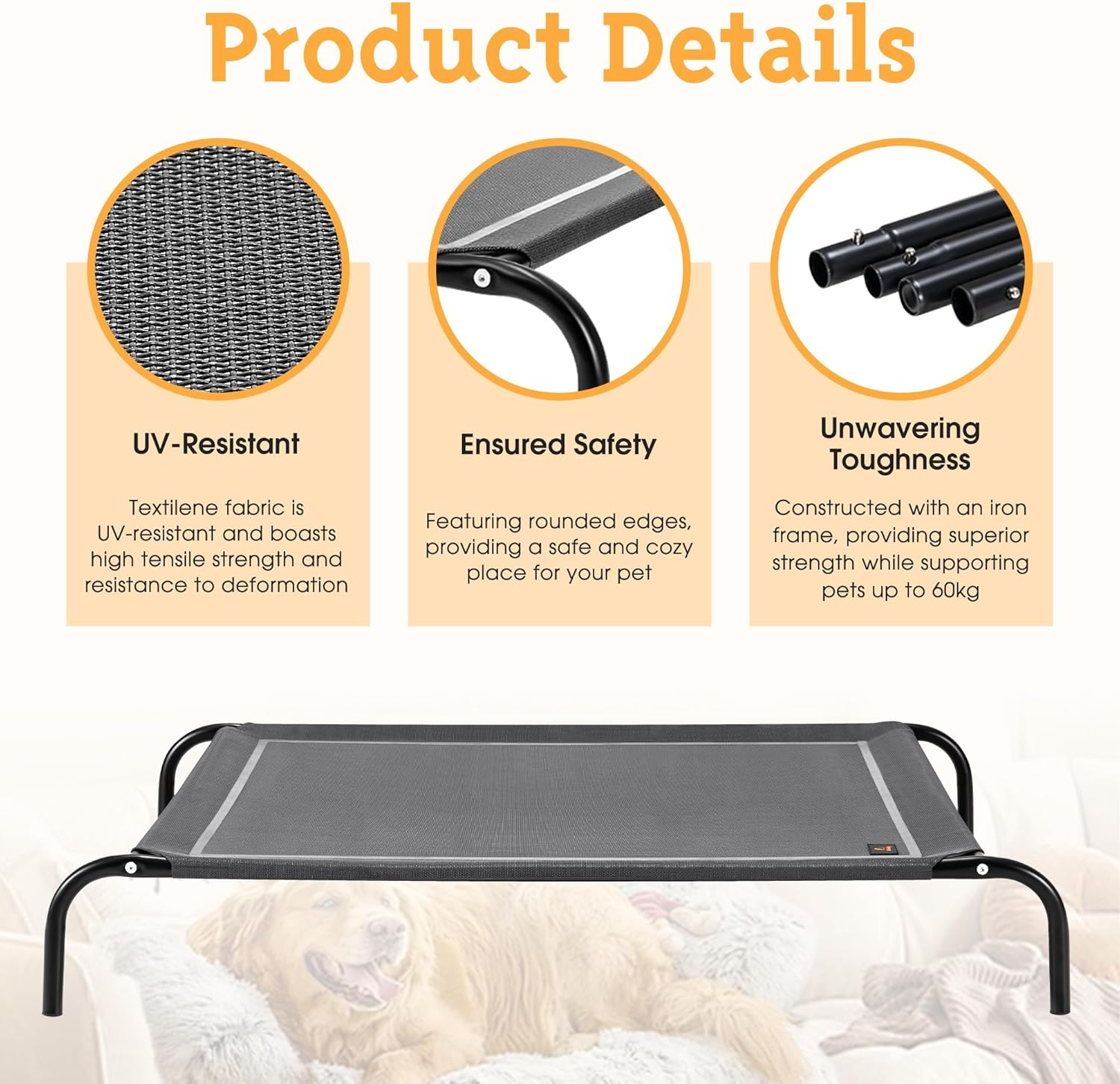 Petzly XXL Cooling Elevated Dog Bed for Large Dogs, Portable Indoor & Outdoor Pet Hammock with Washable Breathable Mesh, Upgraded Frame Dog Cot with Skid-Resistant Feet - Grey, 137X90X20Cm image number 6