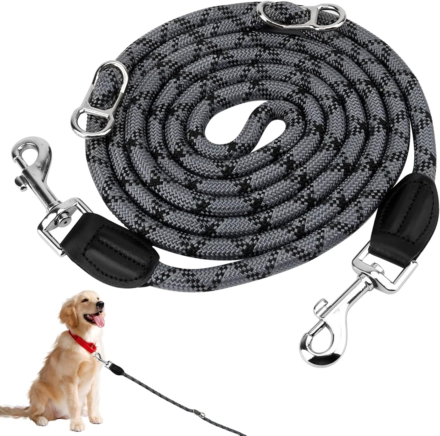 Dog Lead with 2 Carabiners, 2 Rings, Reflective, Adjustable Double Lead, 2.6 M Multifunctional Dog Lead for Large and Medium Dogs image number 2