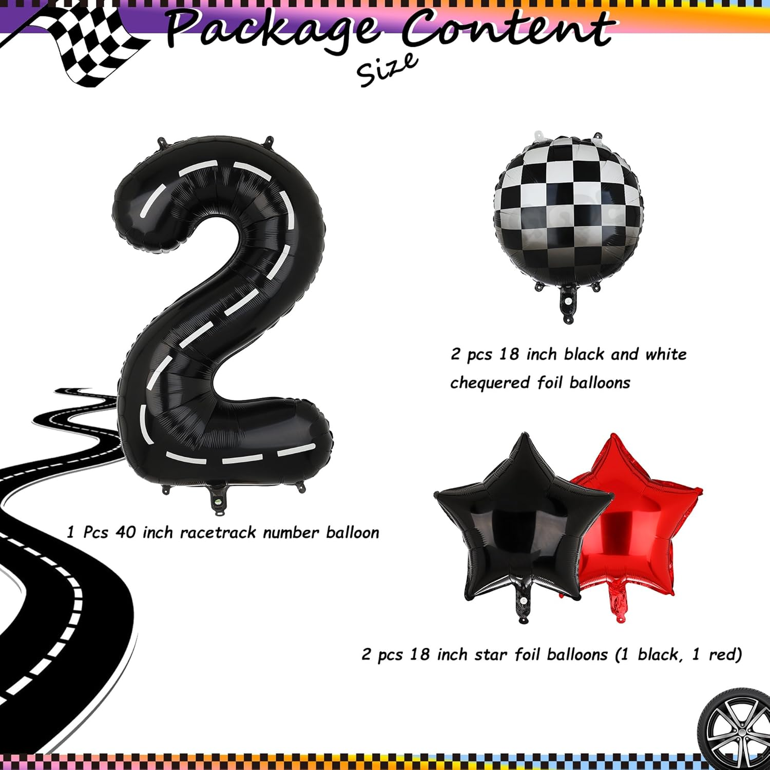 Race Car Birthday Balloons 40 Inch Racetrack Number Balloon 2 Black Boys Two Fast Birthday Race Car Theme Party Decor Supplies 5 Pcs Mylar Balloon image number 3