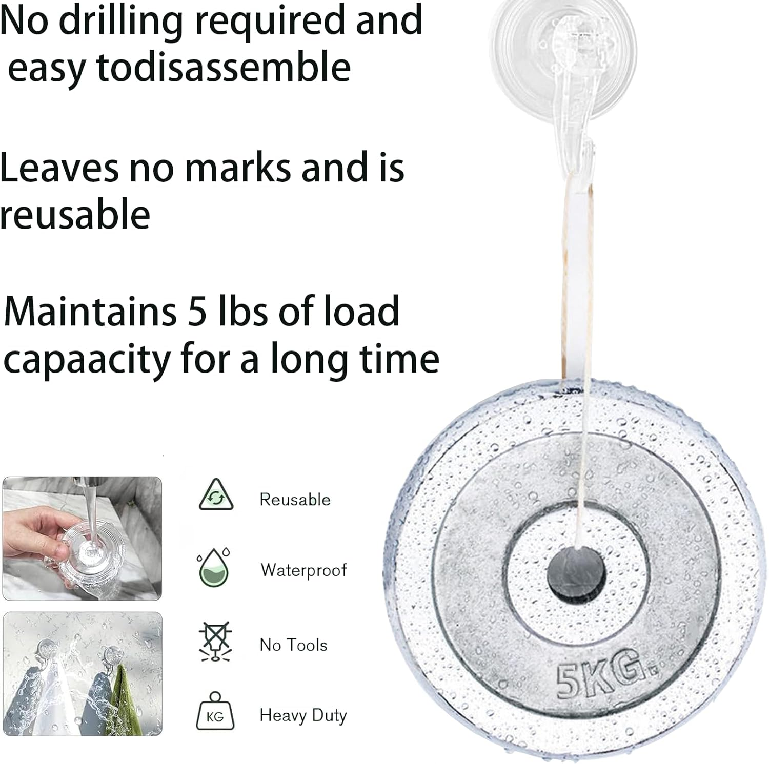 6Pack Suction Cup Hooks, Reusable Powerful Waterproof Shower Hooks, Heavy Duty Vacuum Suction Hanger, Towel Hanger, Strong Vacuum Shower Cup Hooks for Bathroom,Shower Wall,Tile,Glass image number 5