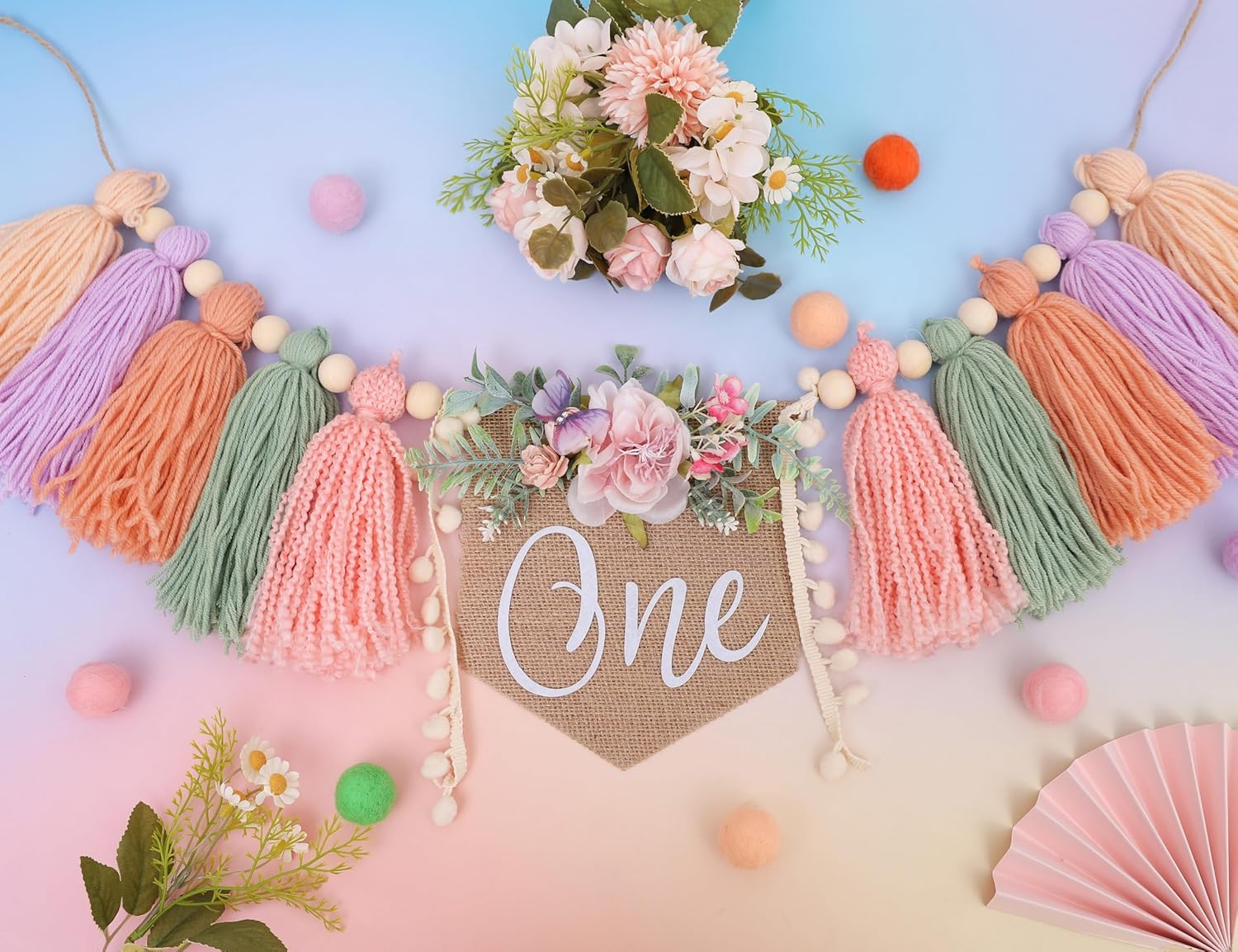 Wildflower 1St Birthday High Chair Banner - Bohemian Birthday Party Decoration, Flower Theme Party Tassel, Flower High Chair Wreath, Daisy Cake Crush Background image number 4