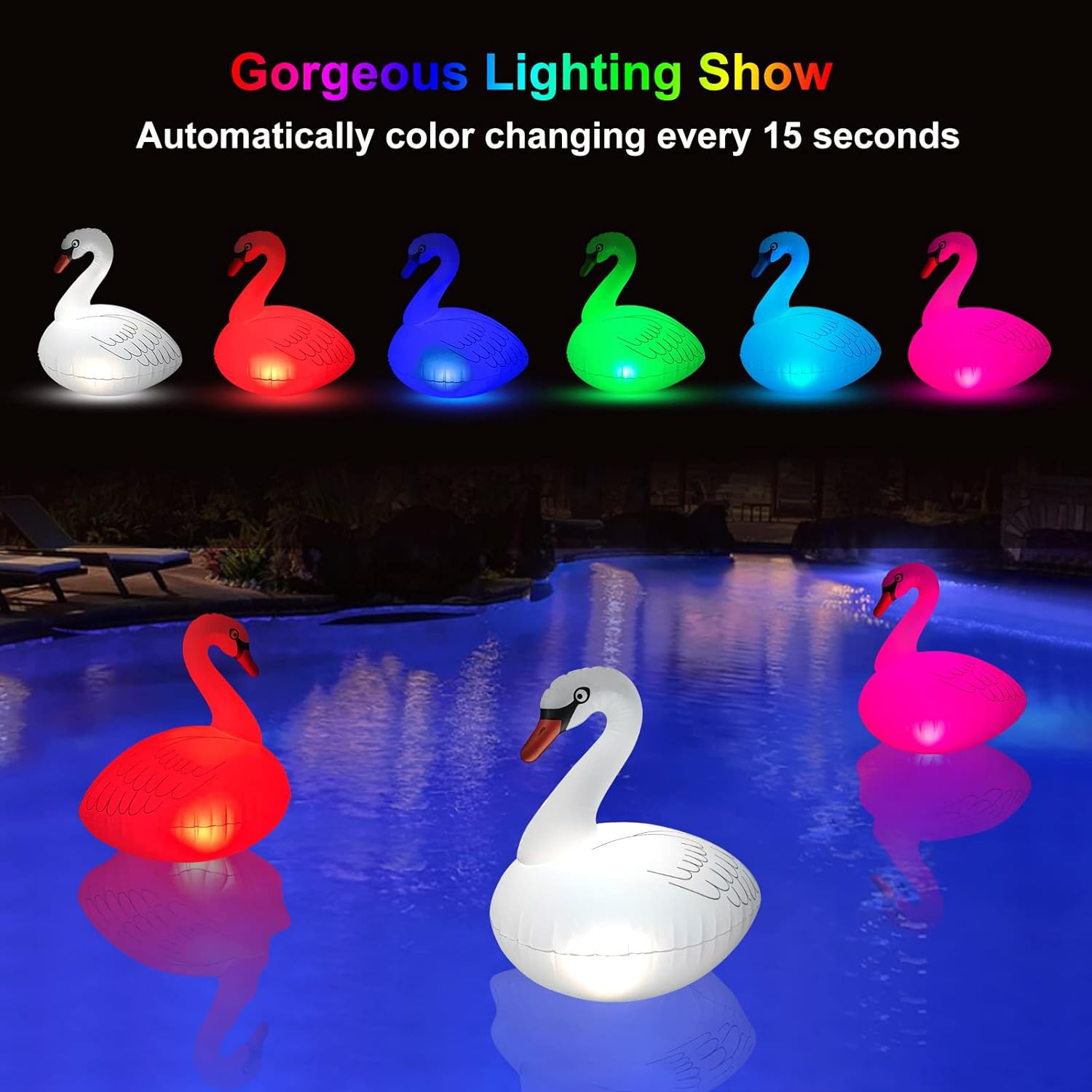 Floating Pool Lights Solar 2PK, Waterproof Inflatable Swan Pool Lights, Glow in the Dark Color Changing LED Pool Floating Swan Light for Backyard Spa Patio Wedding Party Decor image number 2