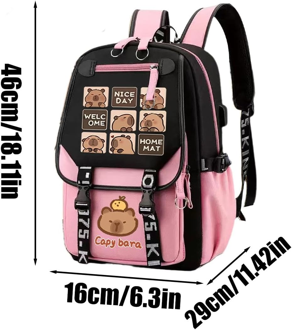Cute Capybara Backpack, 18" Large Capacity School Backpack Cute Capybara Backpack, Capybara Daypack for Girls Teens Students Causal Rucksack with Pencil Case Badge Pen Keychain Sticker Plush Pendant image number 1