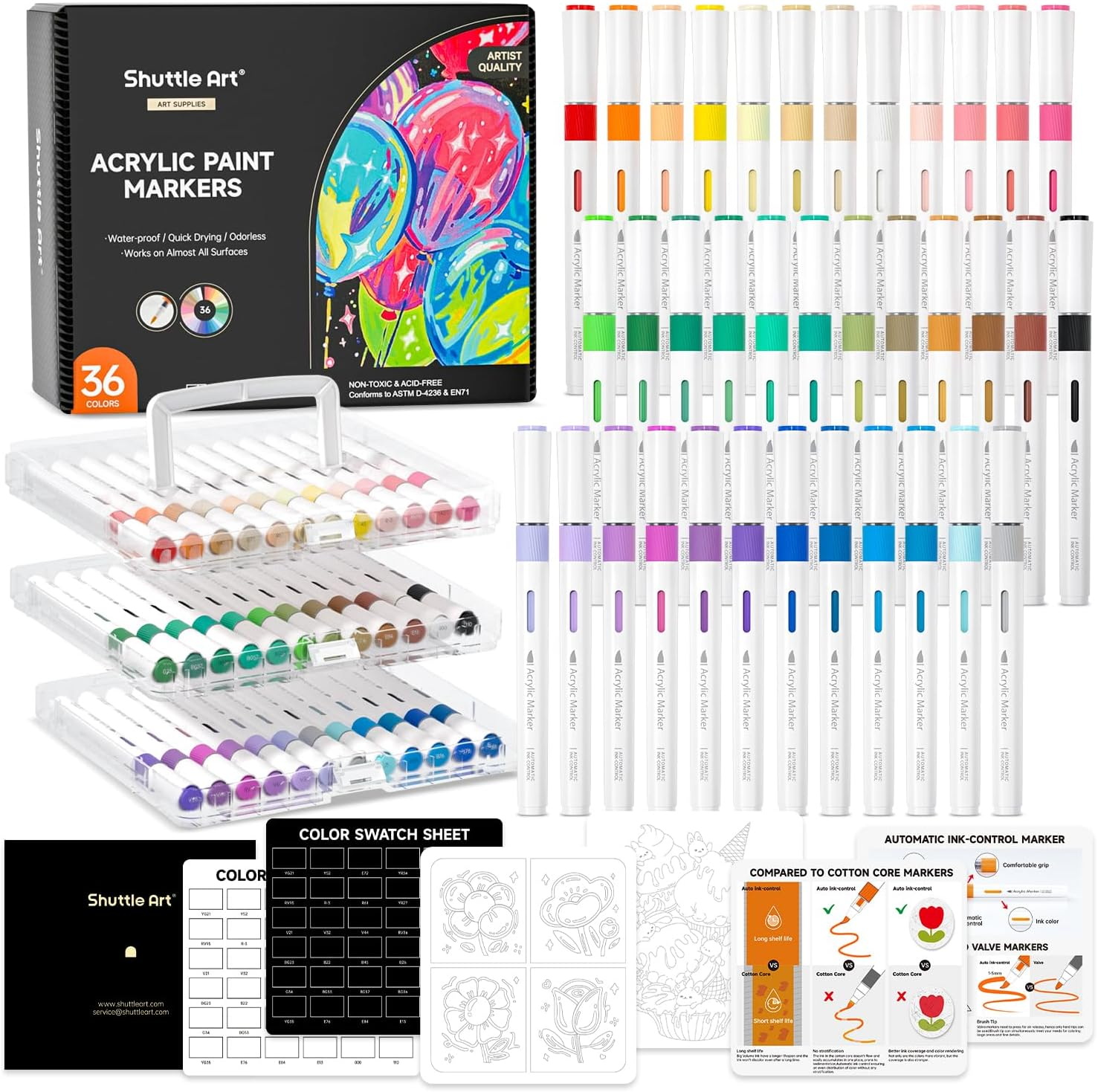 Shuttle Art Automatic Ink Control Acrylic Paint Markers, 36 Colors Brush Tip Acrylic Paint Pens for Rock Painting, Ceramic, Wood, Canvas, Glass, Stone, Fabric, Card Making, DIY & Art Supplies image number 5