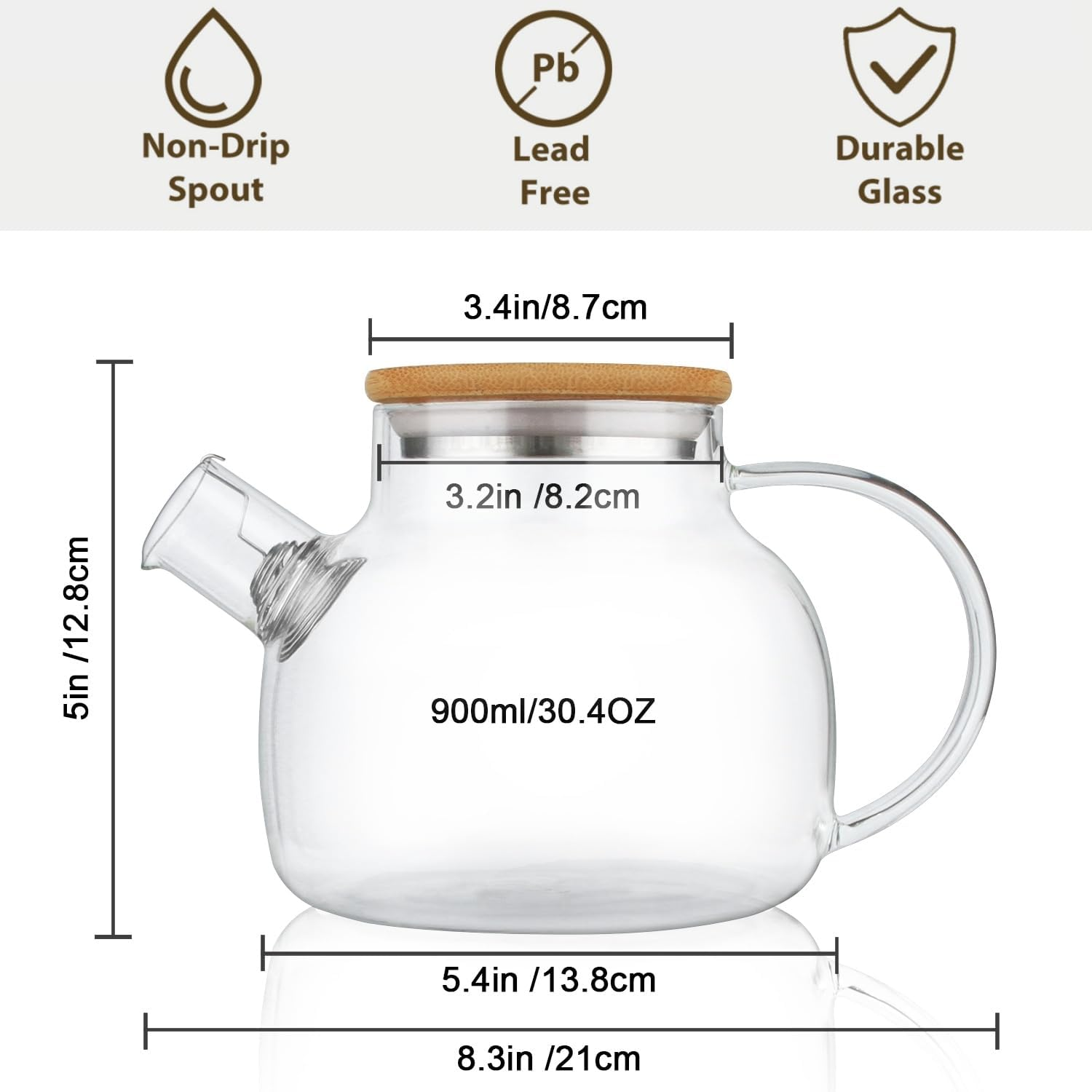 Cnglass Glass Teapot Stovetop Safe,30.4Oz/900Ml Clear Teapots with Removable Filter Spout,Teapot for Loose Leaf and Blooming Tea image number 1