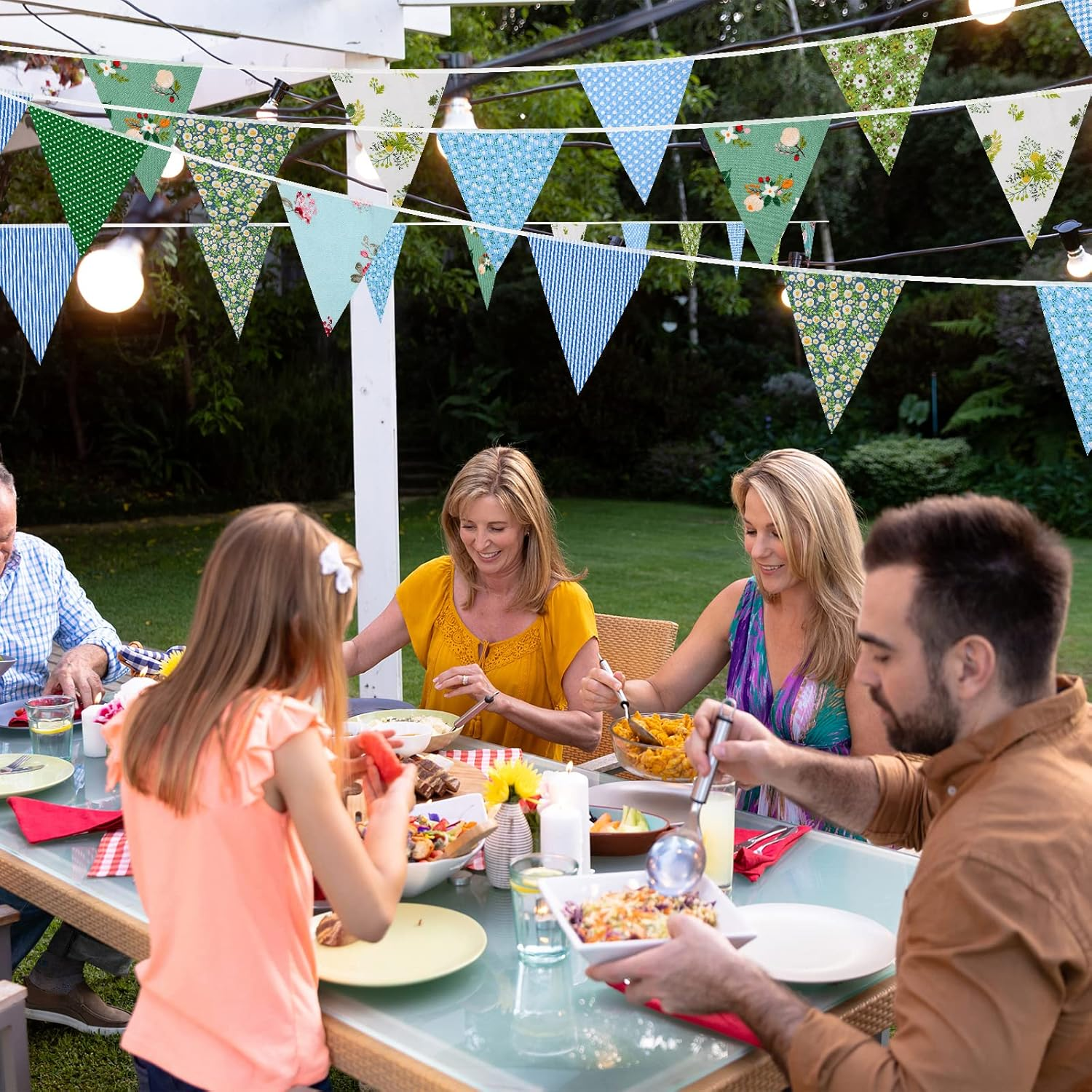 15M/50Ft Fabric Bunting Flag 48 Pieces Vintage Cotton Floral Fabric Bunting Outdoor Waterproof Reusable Festival Flags for Baby Shower Party Christmas Birthday Garden Decorations(Green and Blue) image number 2