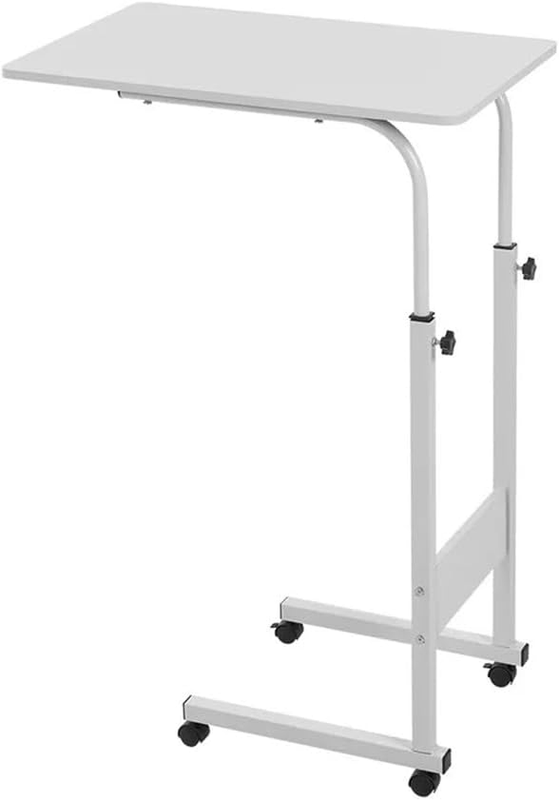 Side Table, C Shaped Table with Wheels, Industrial Side Table for Living Room Bedroom, Adjustable Height, Mobile Computer Desk Laptop Table for Home Use (Light Walnut)