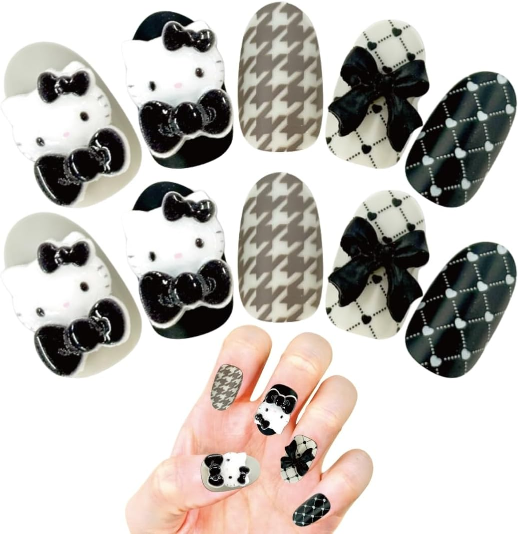 Sanrio Hello Kitty Character Nail Tips, Monotone, Peel and Stick 3D, Pack of 24, Short, Gradient Stones, Stylish, Girls, Popular, Removable