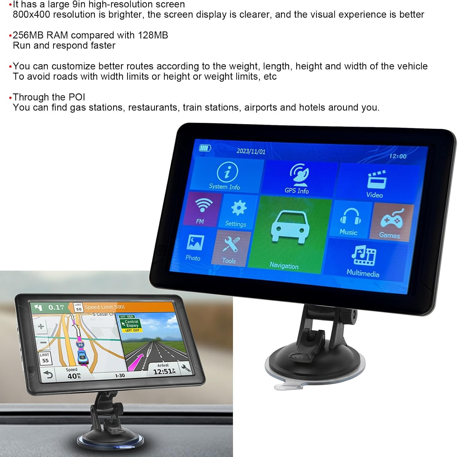 9In Car GPS Navigation Large POI Voice Guidance Touch Screen 800&times;480 Portable for Car Truck Drivers GPS Navigator Real Voice Direction Lane Guidance Multimedia Player image number 6