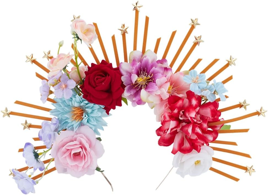 HOBBIESAY 1Pc Renfaire Flower Halo Crown Handmade Fantasy Flower Headpiece with Star Colorful Flowers Fairy Headband Hair Accessories for Women Party Cosplay Festival Wear DIY Craft image number 3